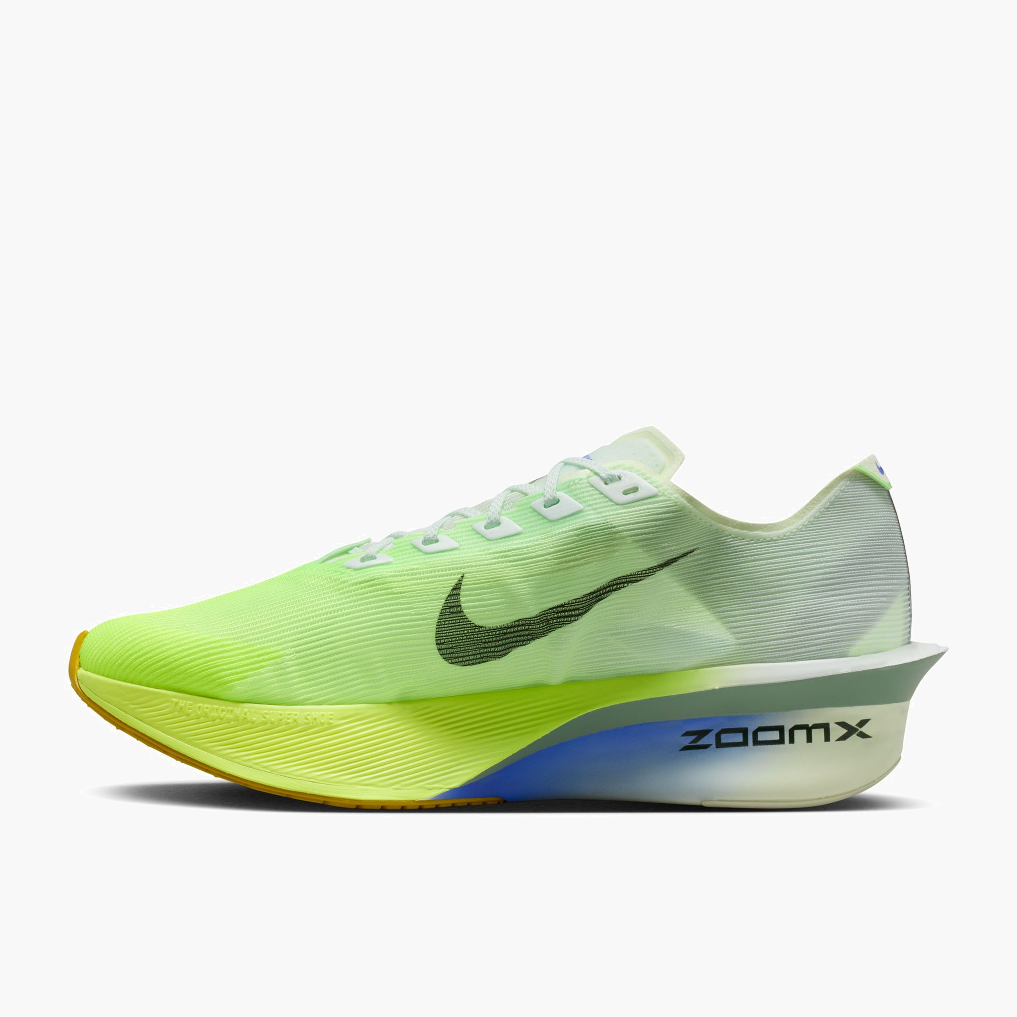 Medial angle shot of Men's Vaporfly 4 in Barely Green / Black Spruce-Volt Tint
