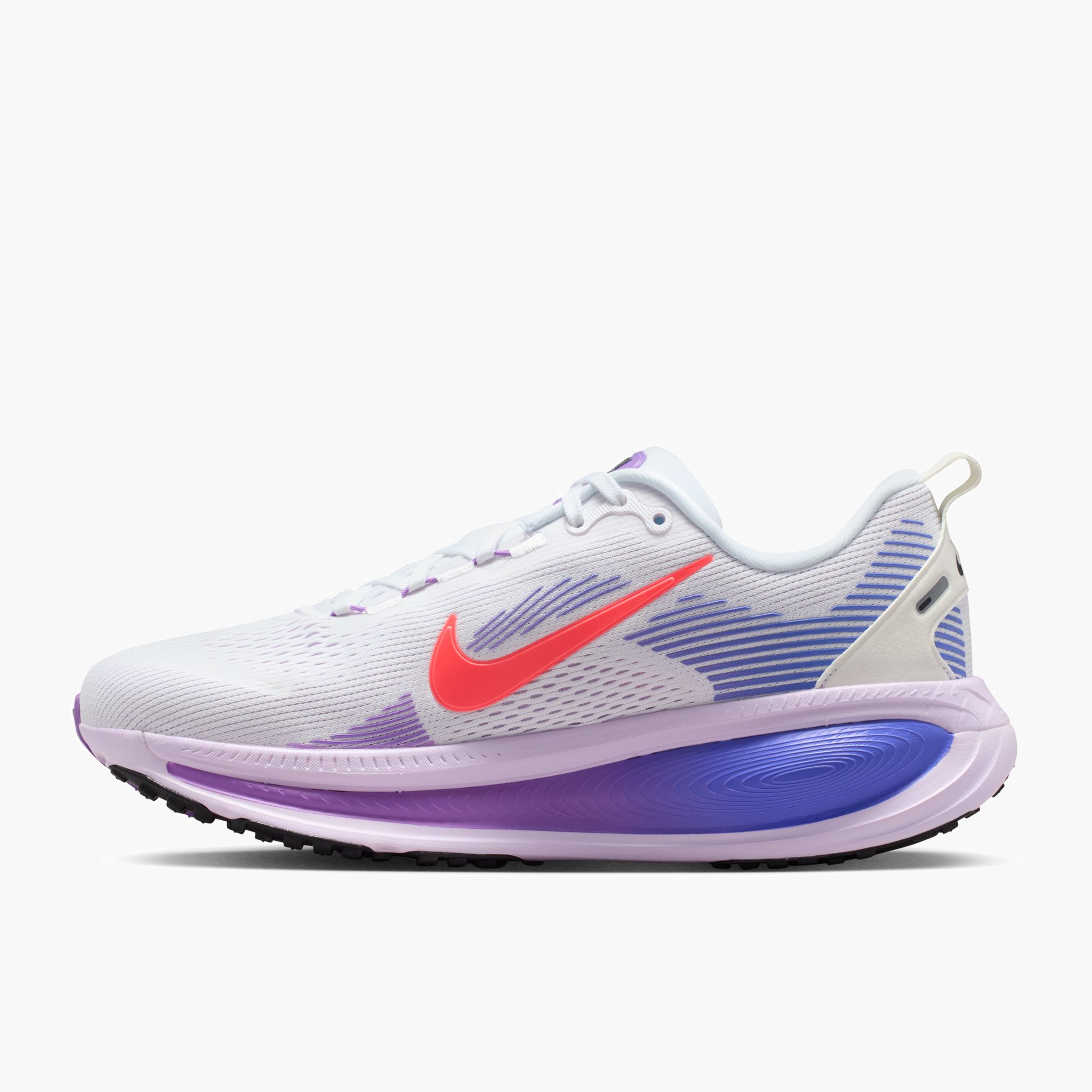 Medial angle shot of Women's Vomero 18 in White / Hot Lava-Violet Mist-Sapph