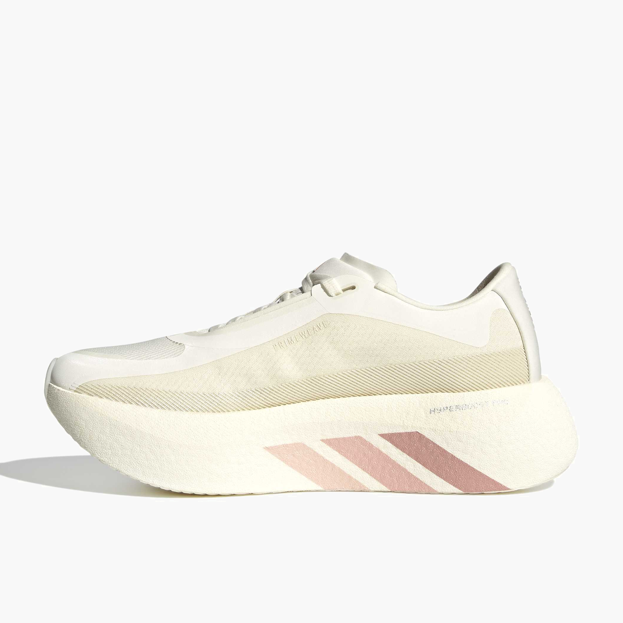 Medial angle shot of Women's Hyperboost Edge in Off White / Vapour Pink / Matte Silver