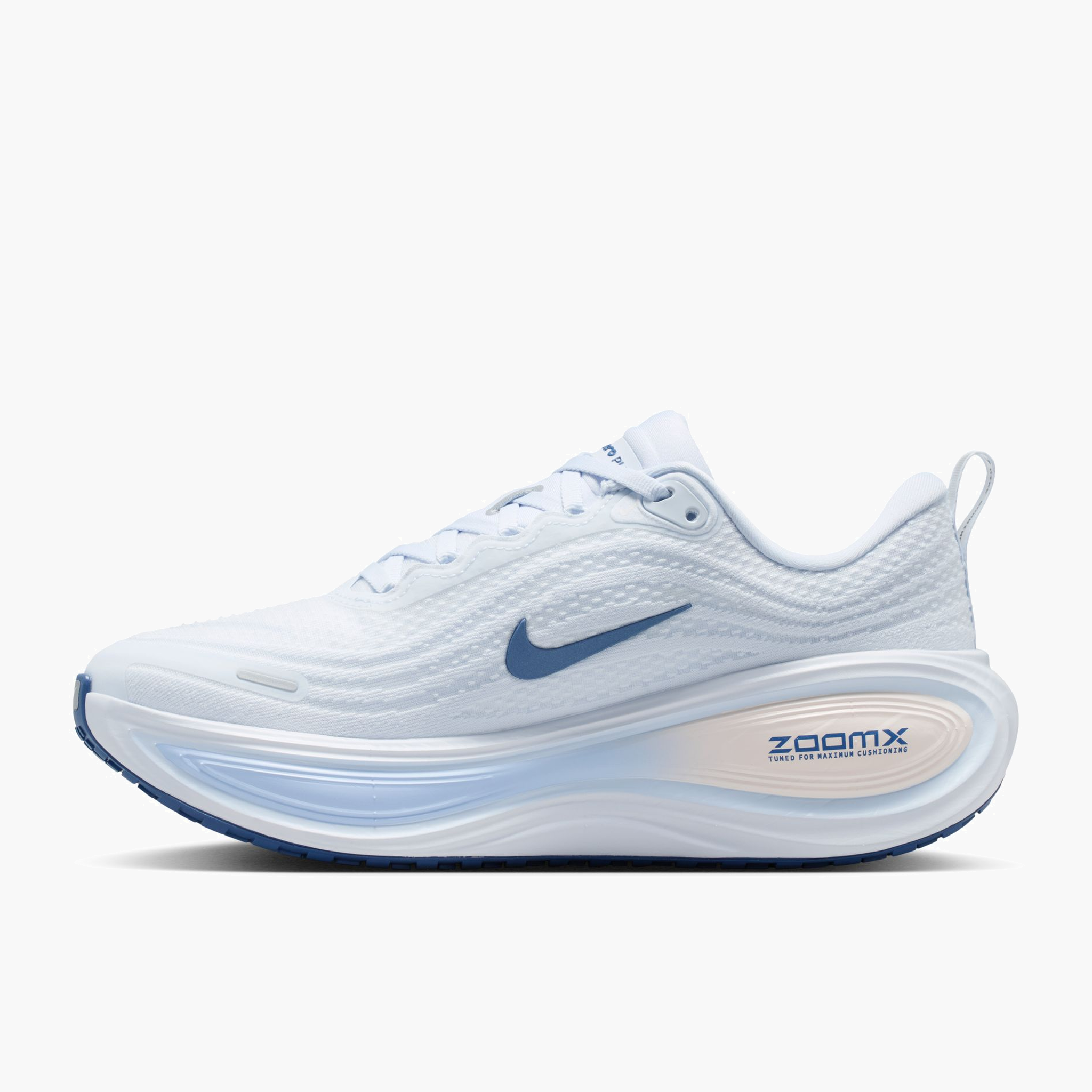 Medial angle shot of Women's Vomero Plus in White / Mystic Navy-Aluminum-Football Grey