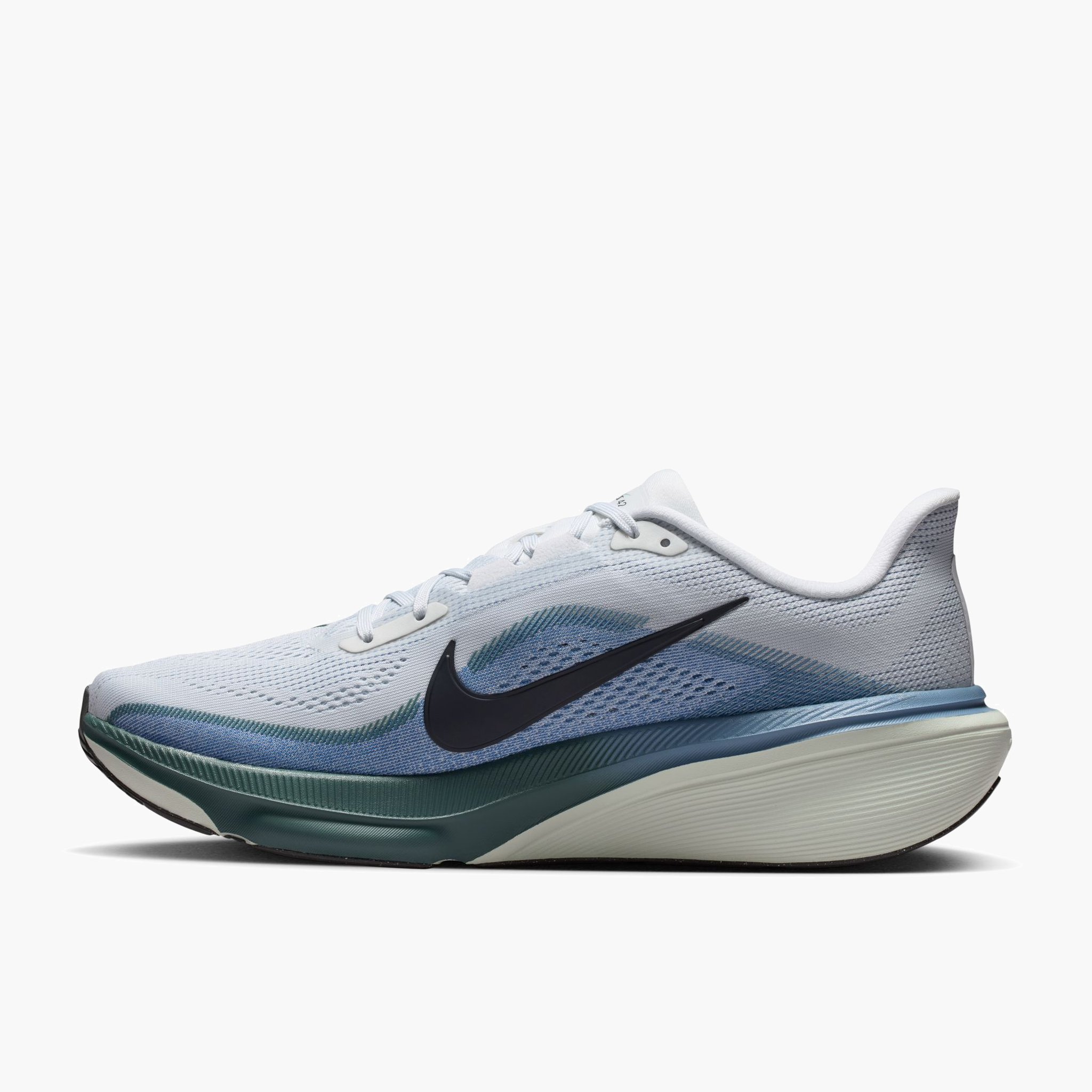 Medial angle shot of Men's Pegasus 42 in Pure Platinum / Dark Obsidian-Work Blue
