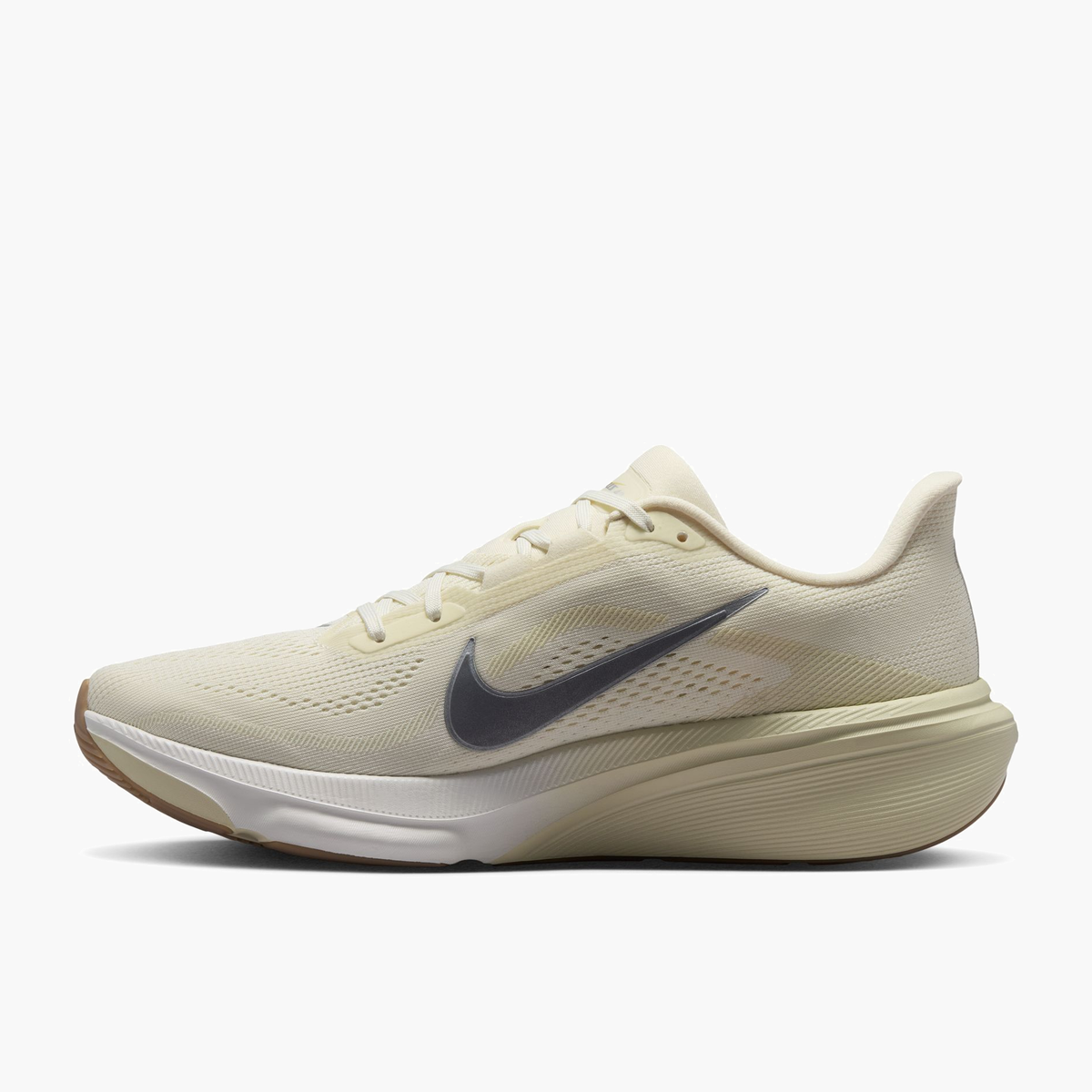 Medial angle shot of Men's Pegasus 42 in Coconut Milk / Metallic Silver-Lt Khaki