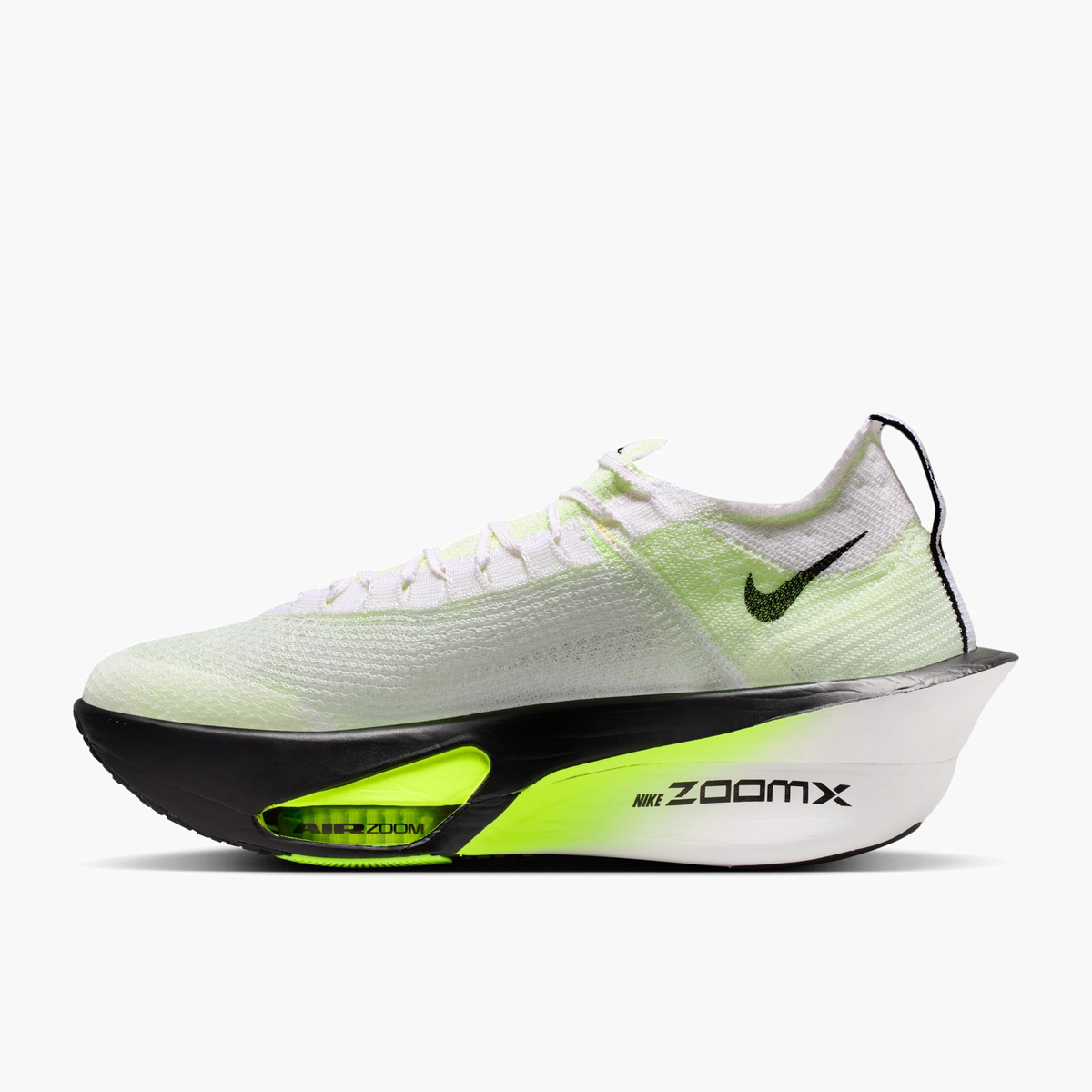 Medial angle shot of Men's Alphafly 3 in White / Black-Volt-Barely Volt