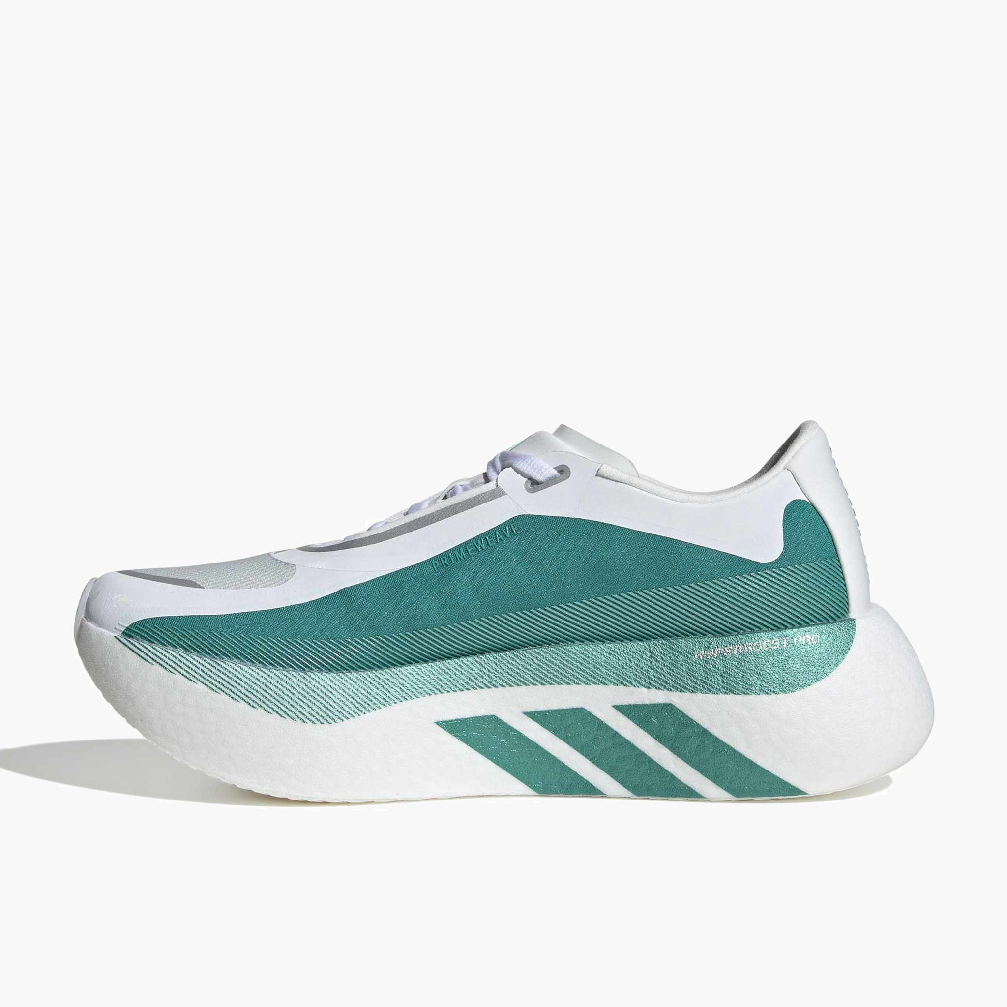 Medial angle shot of Women's Hyperboost Edge in Ftwr White / Equipment Green / Zero Met.