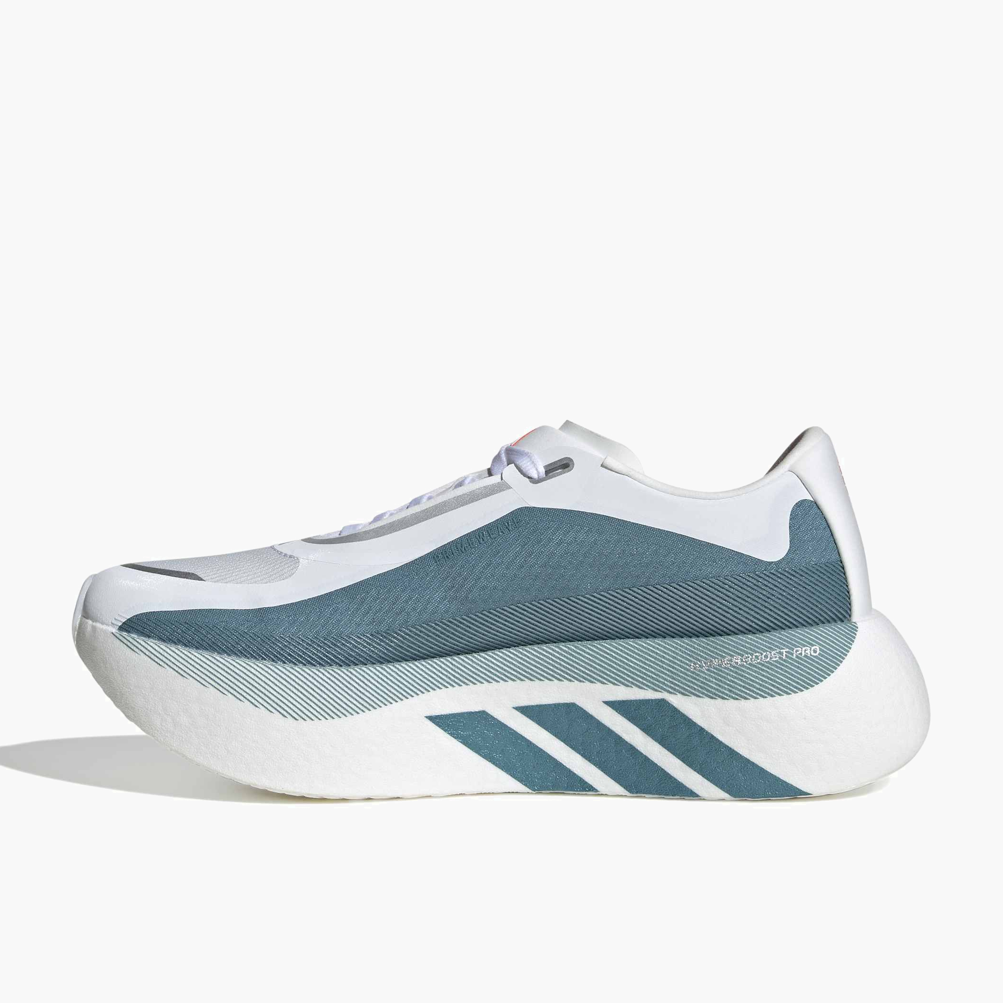 Medial angle shot of Women's Hyperboost Edge in Ftwr White / Petrol Met. / Lucid Red