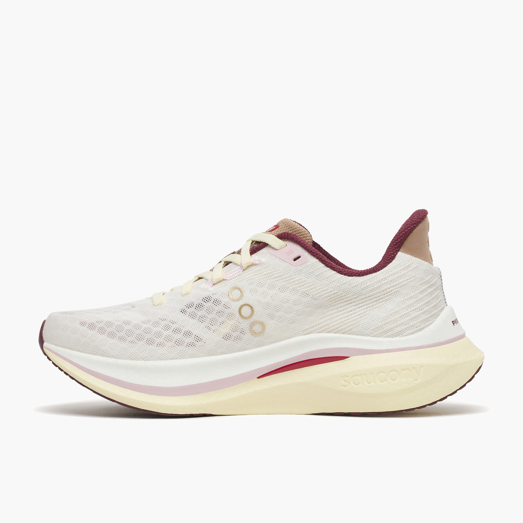 Medial angle shot of Women's Endorphin Speed 5 in Ivory / Maroon