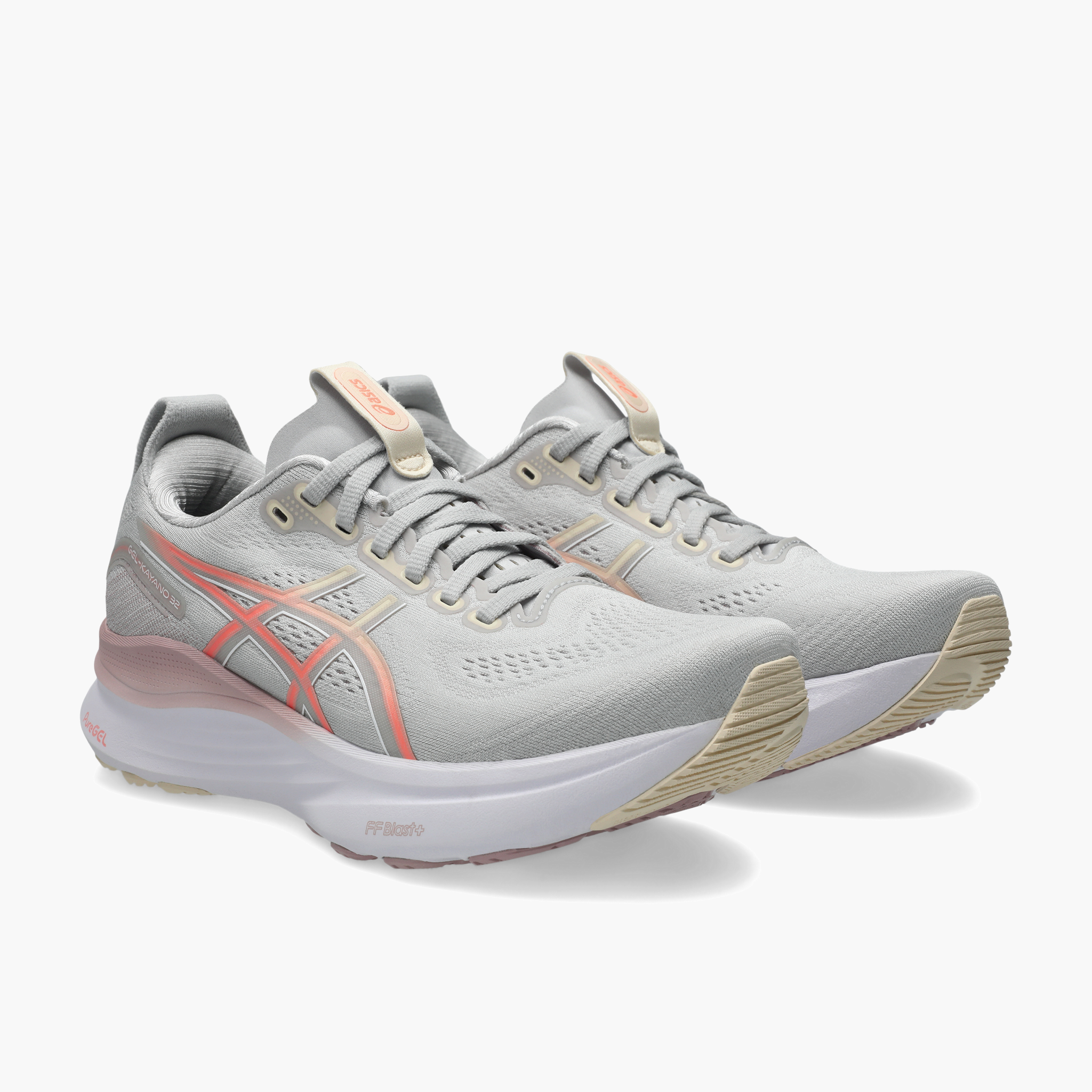 3/4 angle shot of Women's Gel-Kayano 32 in Cloud Grey / Seashell