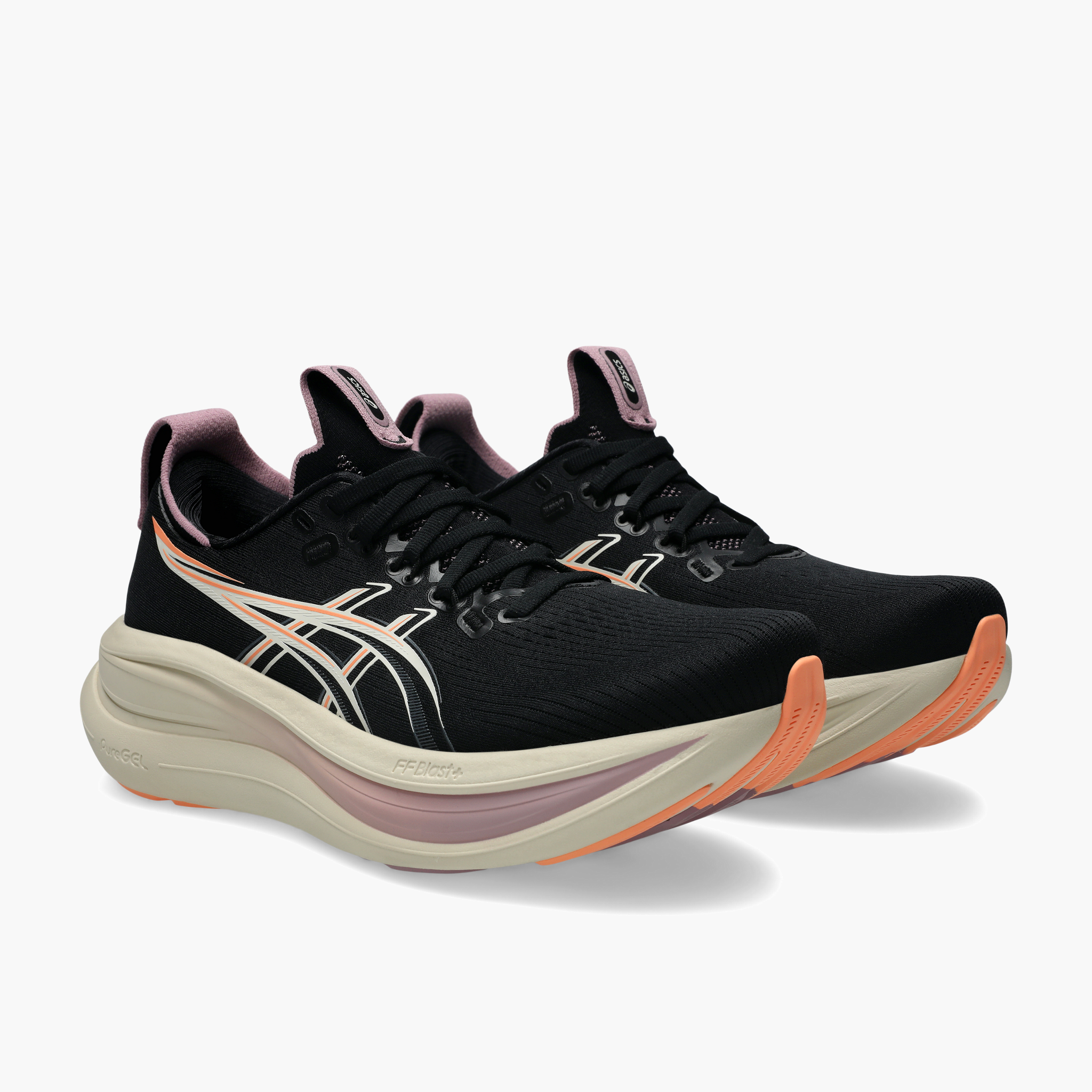 3/4 angle shot of Women's Gel-Nimbus 28 in Black / Taro Purple