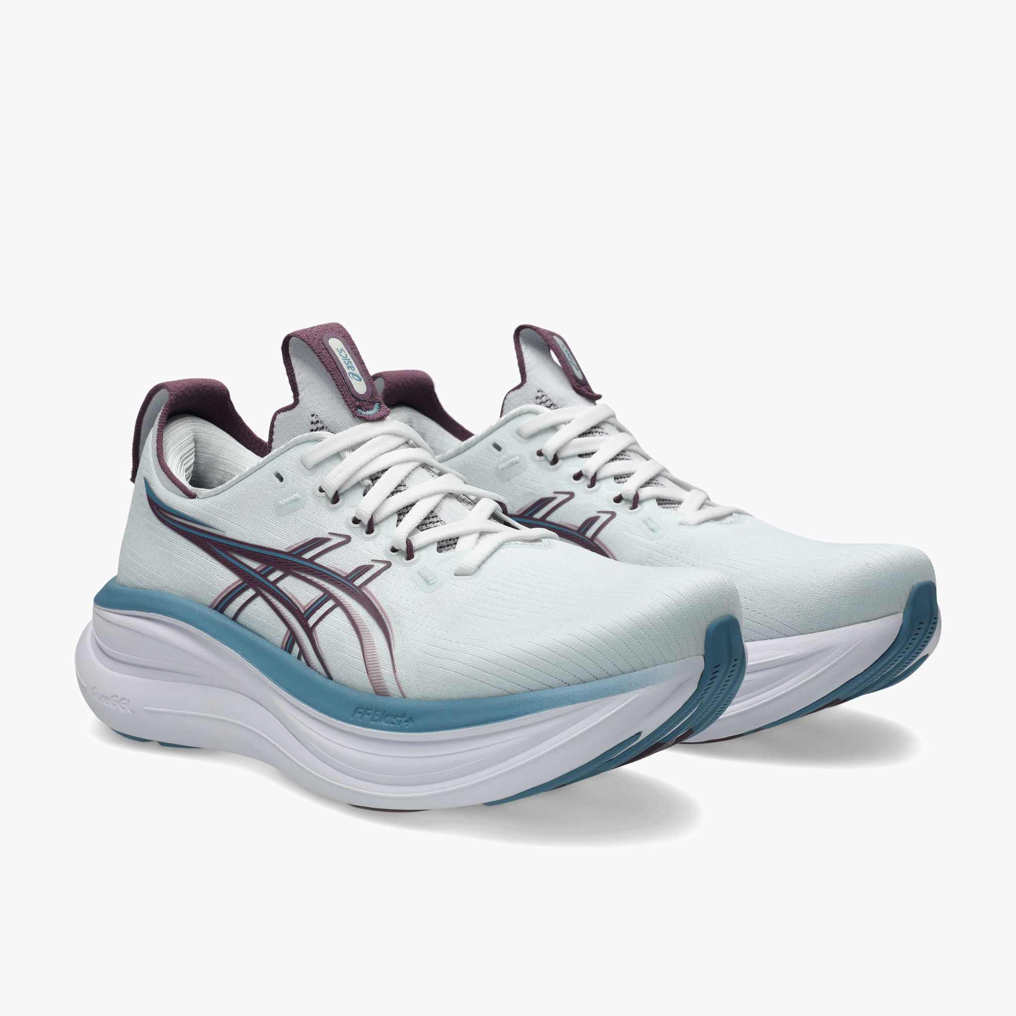 3/4 angle shot of Women's Gel-Nimbus 28 in Arctic Blue / Velvet Purple