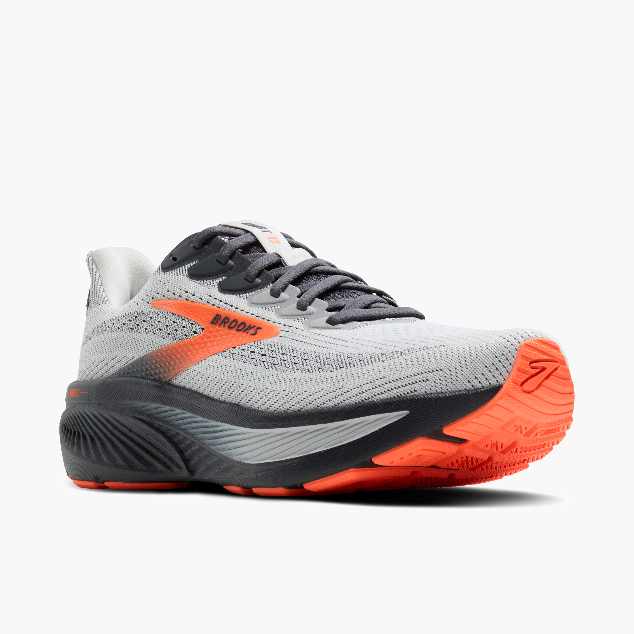 3/4 angle shot of Men's Ghost 17 in Oyster Mushroom / Orange / Ebony