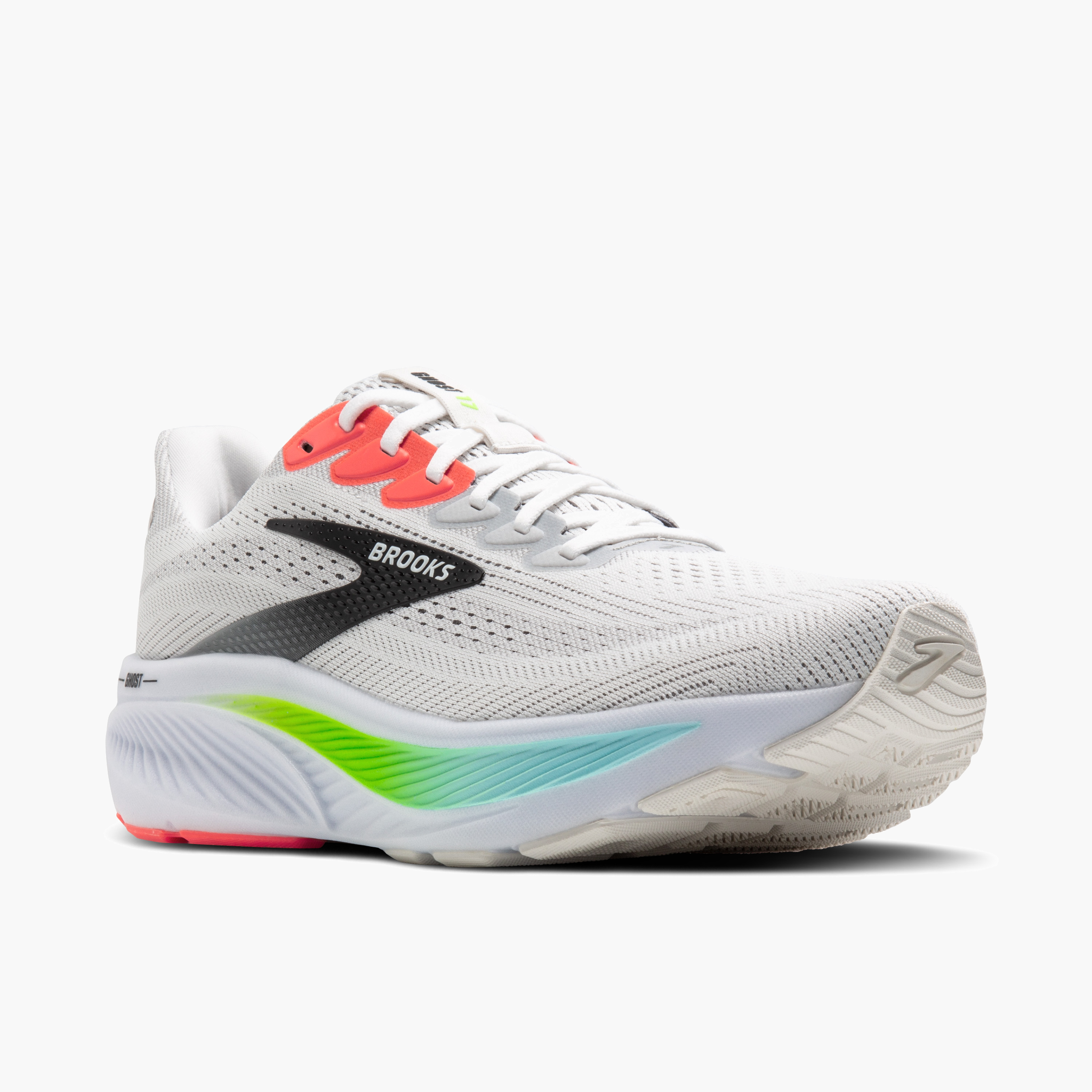3/4 angle shot of Men's Ghost 17 in White / Pink Clay / Gecko