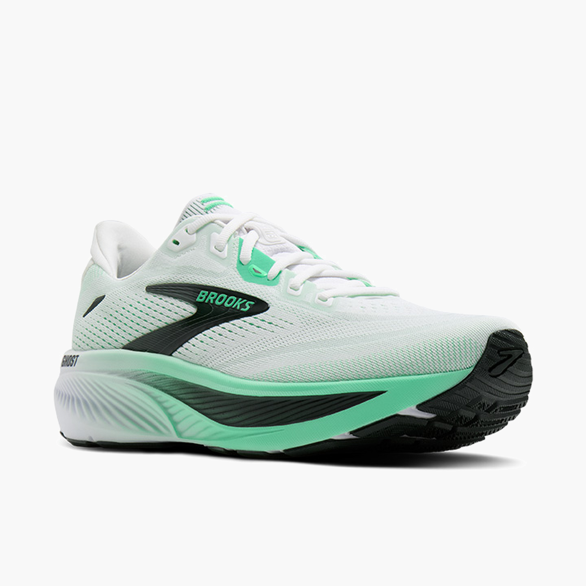 3/4 angle shot of Men's Ghost 18 in White / Spring Bud / Spruce