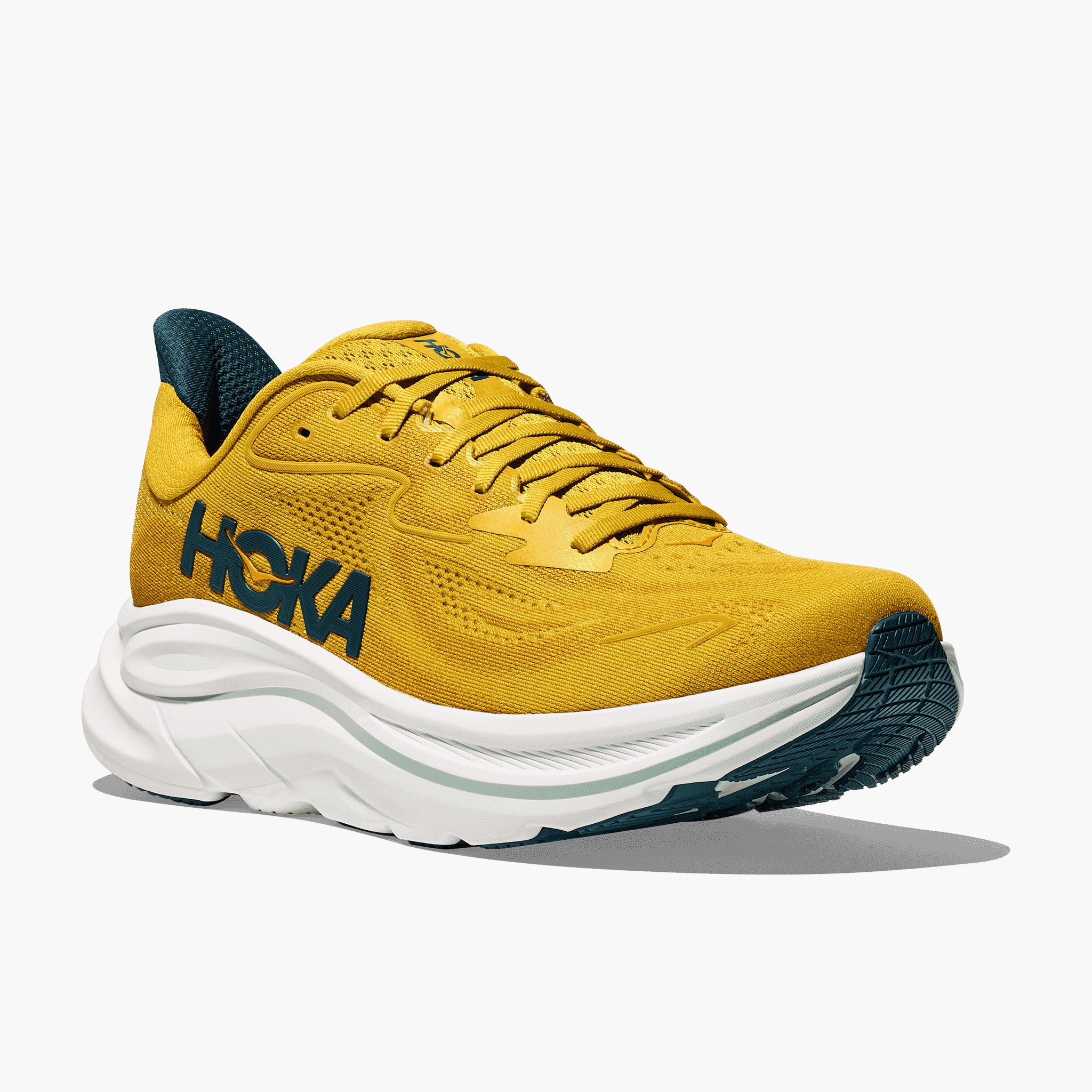 3/4 angle shot of Men's Clifton 10 in Yellow Gold / Tidal Wave
