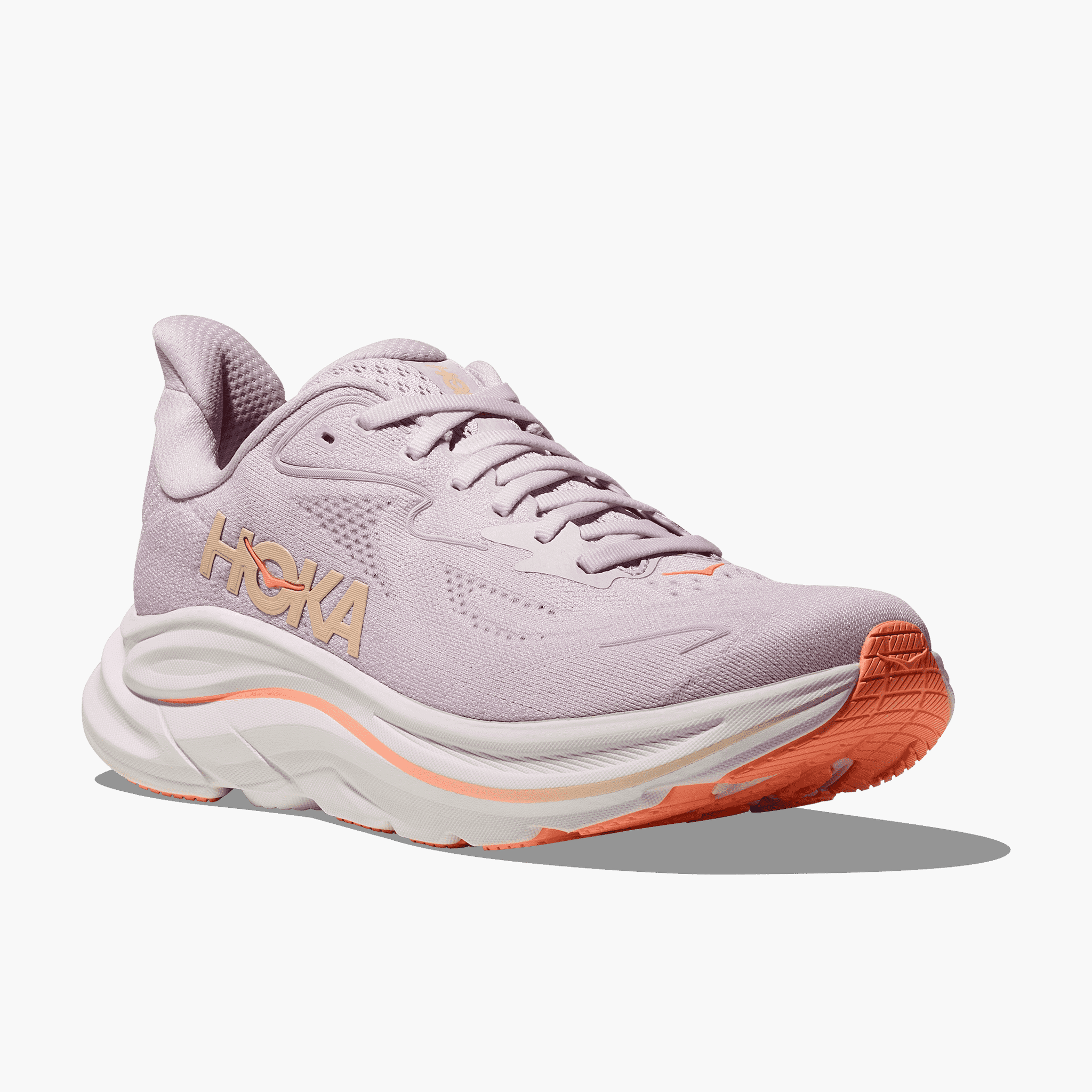 3/4 angle shot of Women's Clifton 10 in Lilac Cream / Tangerine Glow