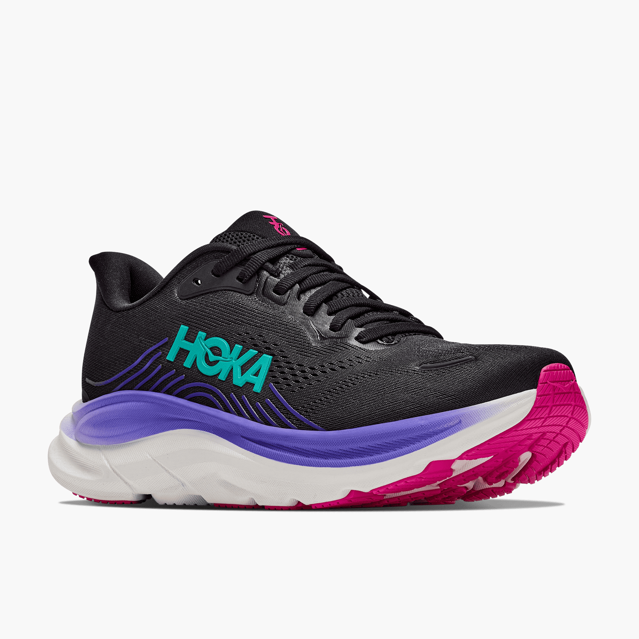 3/4 angle shot of Women's Clifton 11 in Black / Neon Nebula