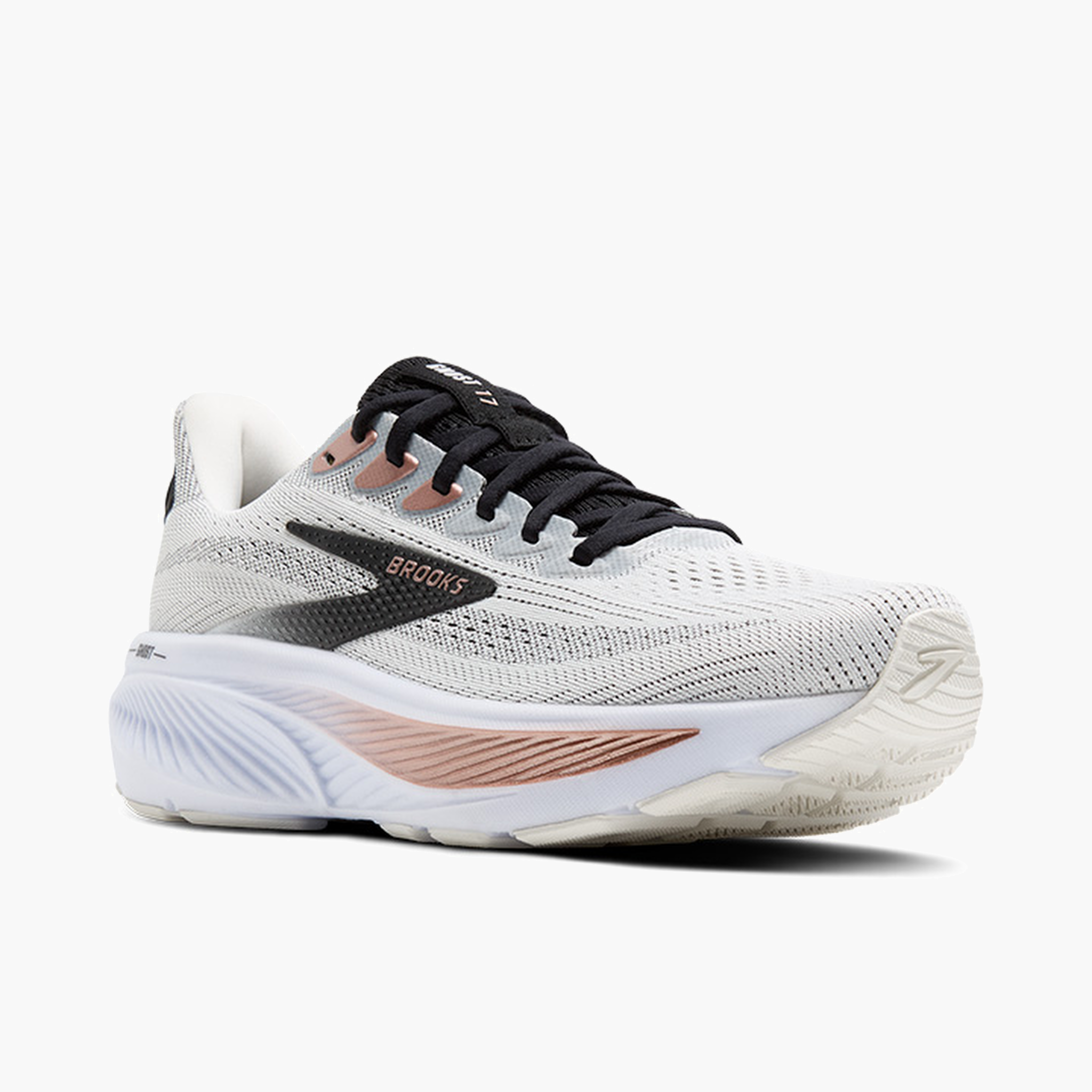 3/4 angle shot of Women's Ghost 17 in White / Black / Rose Gold