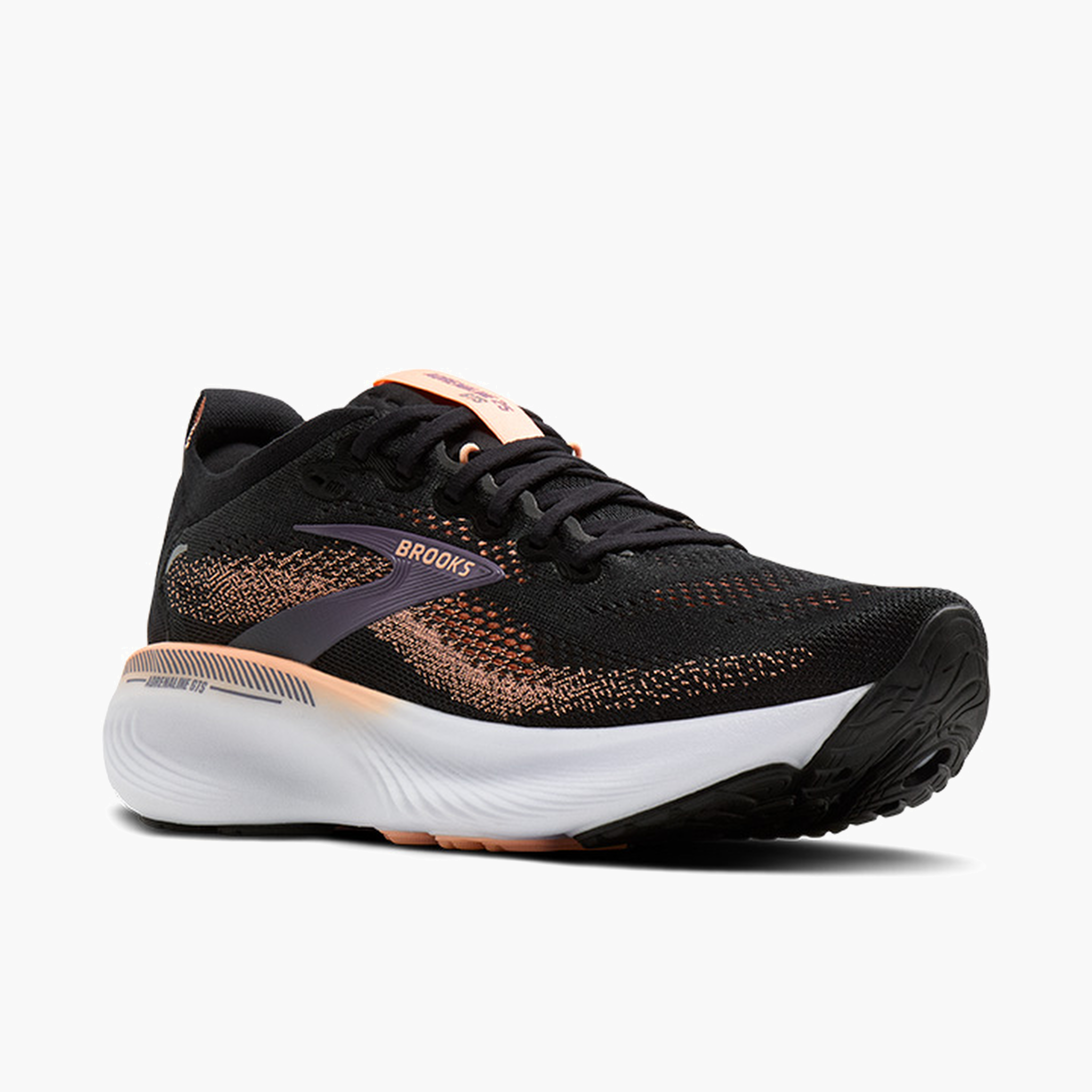 3/4 angle shot of Women's Adrenaline GTS 25 in Black / Peach / Mulled Grape
