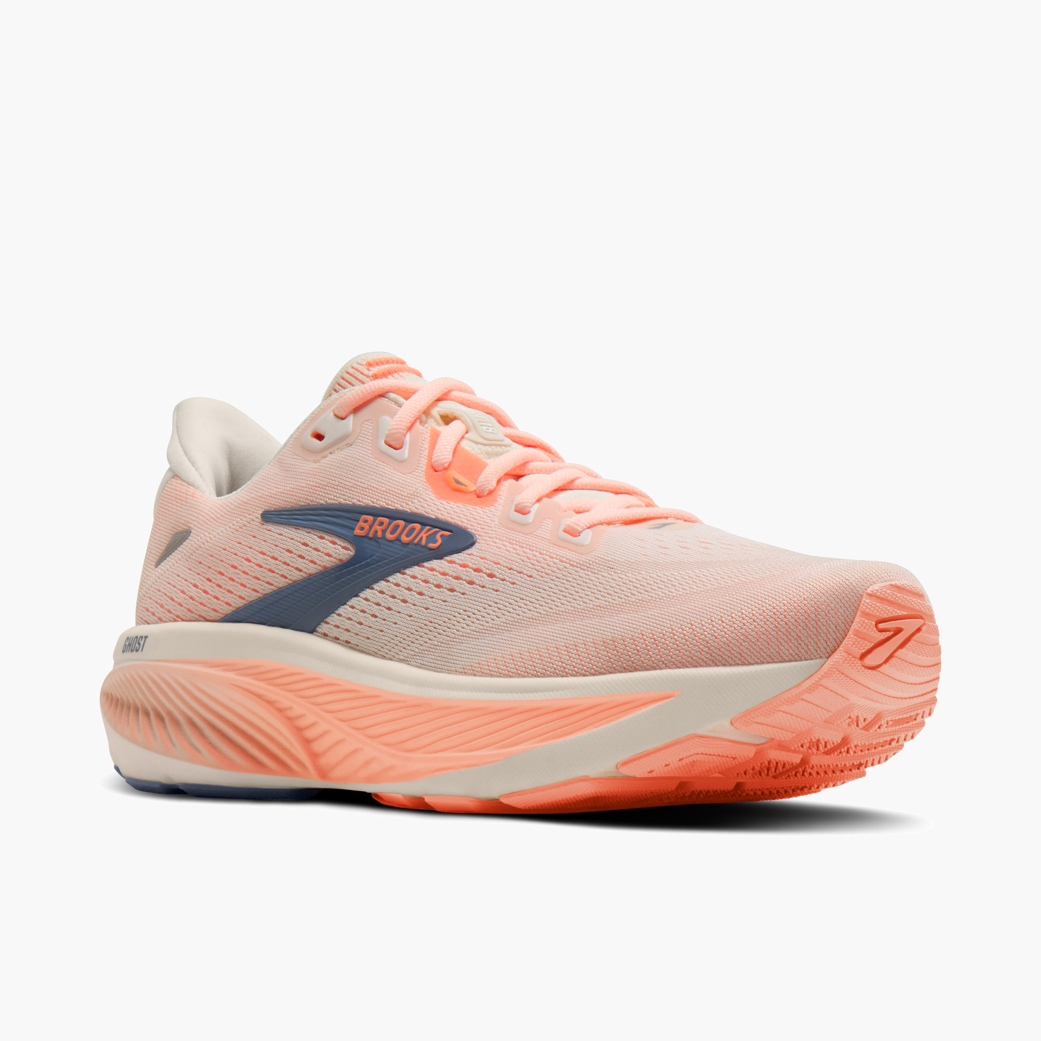 3/4 angle shot of Women's Ghost 18 in Star White / Cyber Peach / Grey