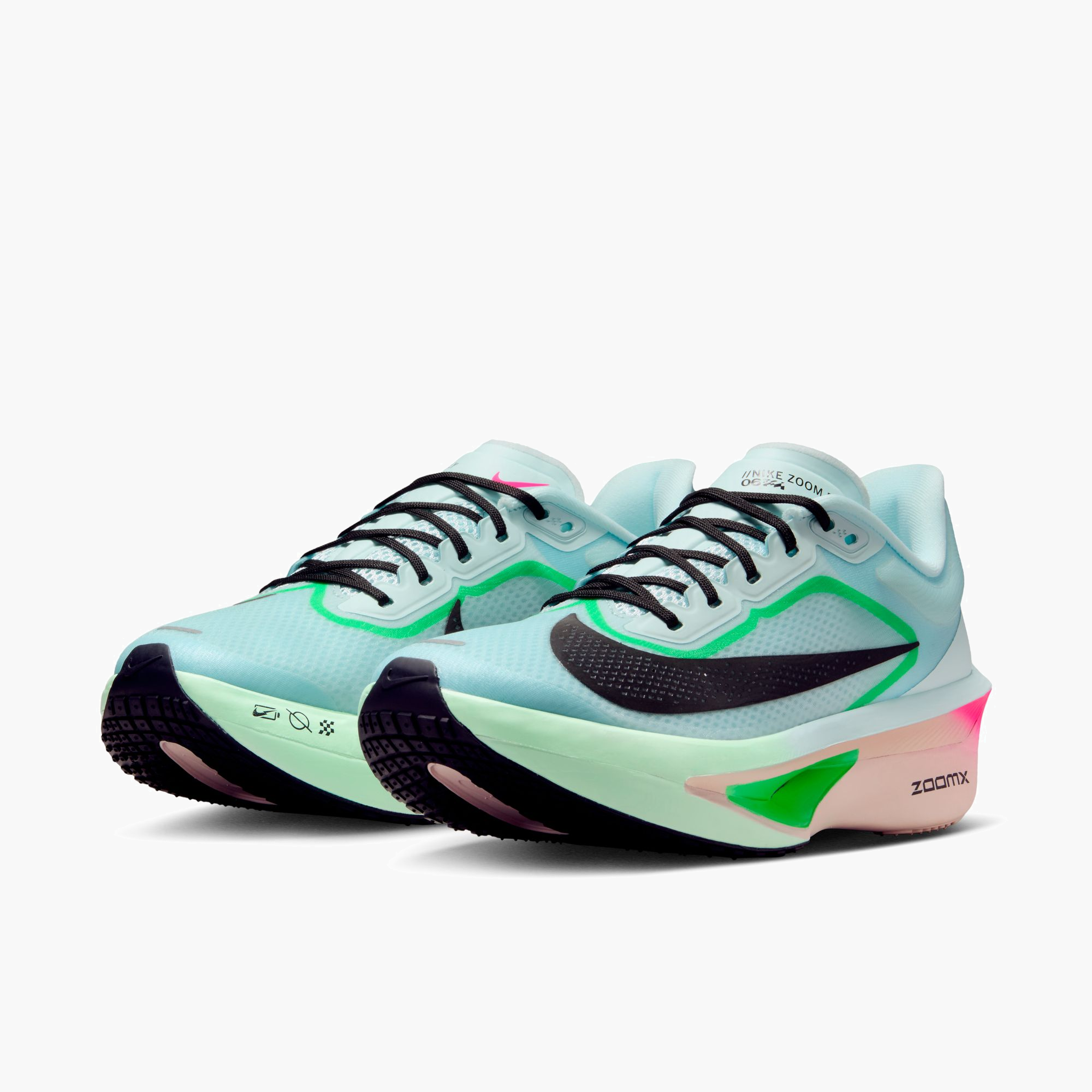 3/4 angle shot of Women's Zoom Fly 6 in Glacier Ice / Black-Hyper Pink-Green Shock