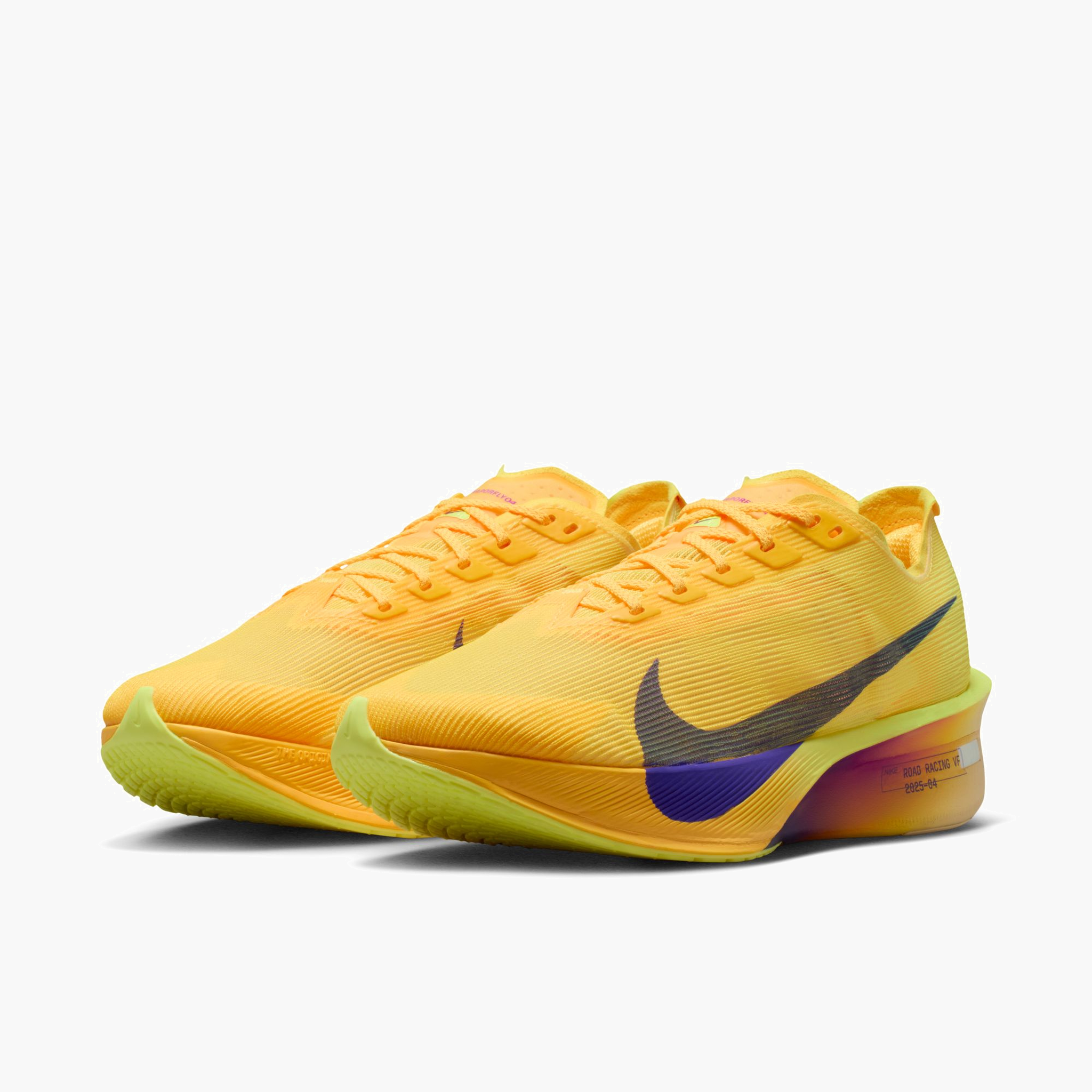 3/4 angle shot of Women's Vaporfly 4 in Citron Pulse / Indigo Burst-Laser Orange