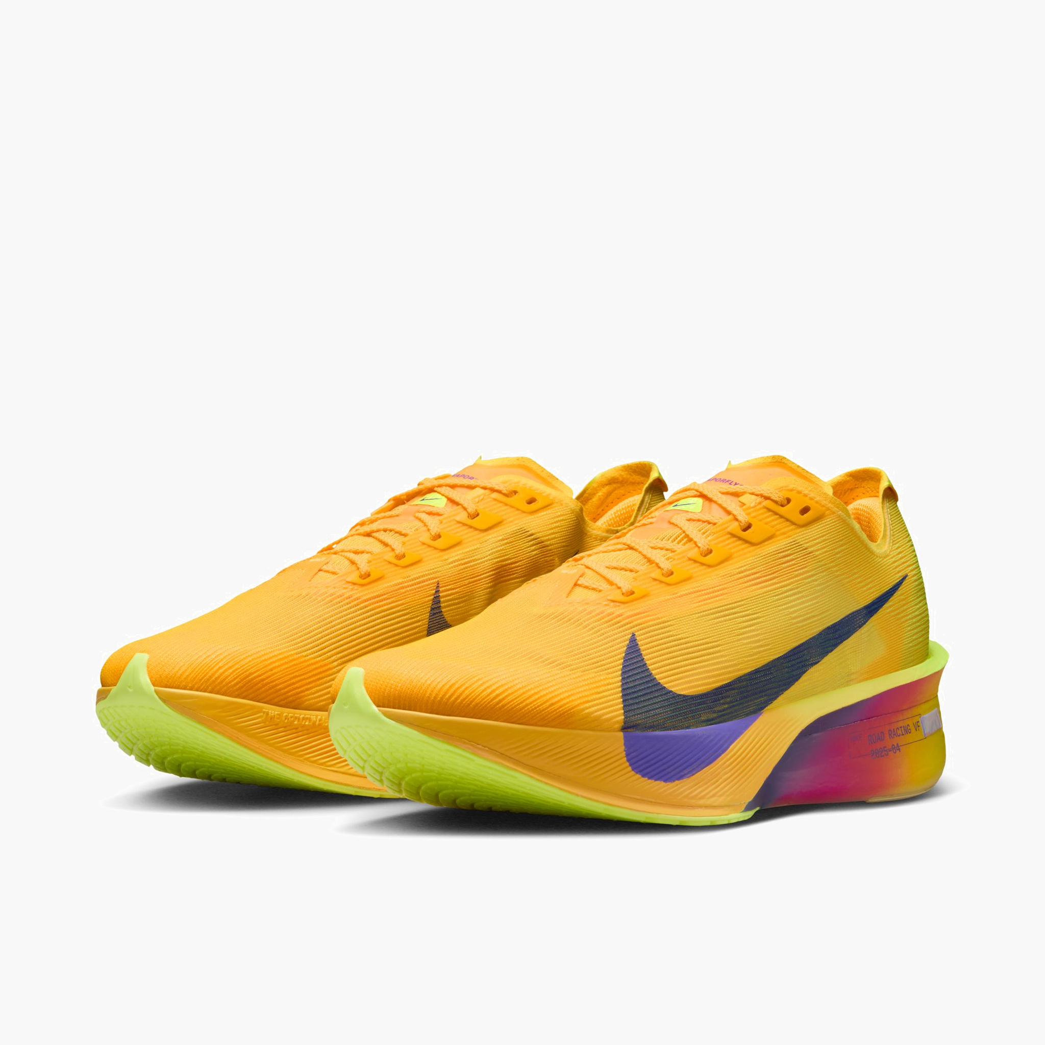 3/4 angle shot of Men's Vaporfly 4 in Citron Pulse / Indigo Burst-Laser Orange