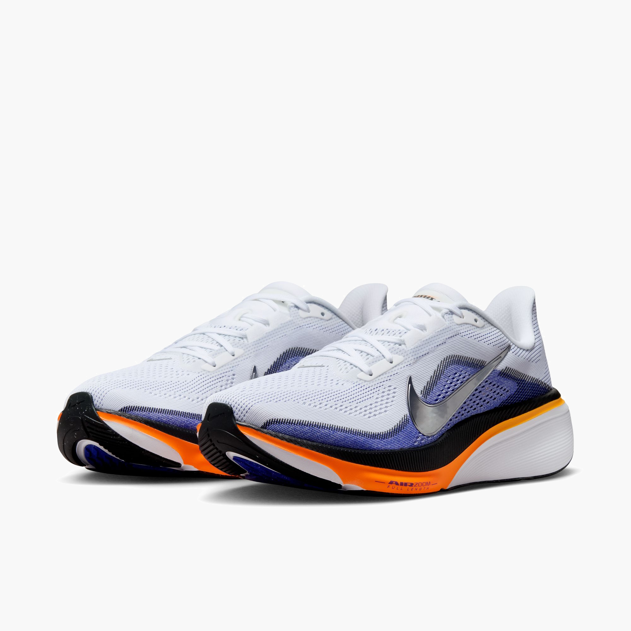 3/4 angle shot of Men's Pegasus 42 in White / Metallic Silver-Lapis-Total Orange