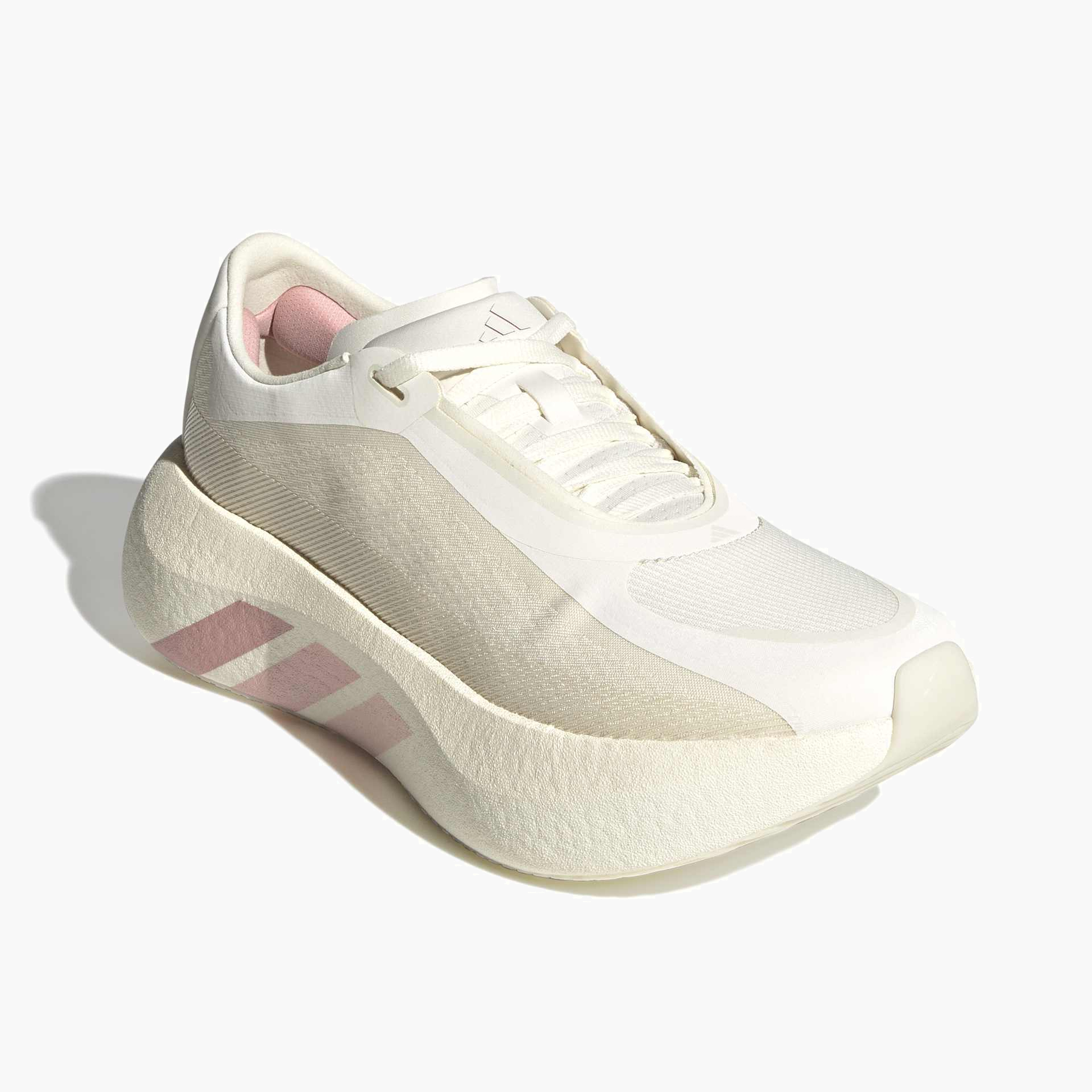 Top front angle shot of Women's Hyperboost Edge in Off White / Vapour Pink / Matte Silver