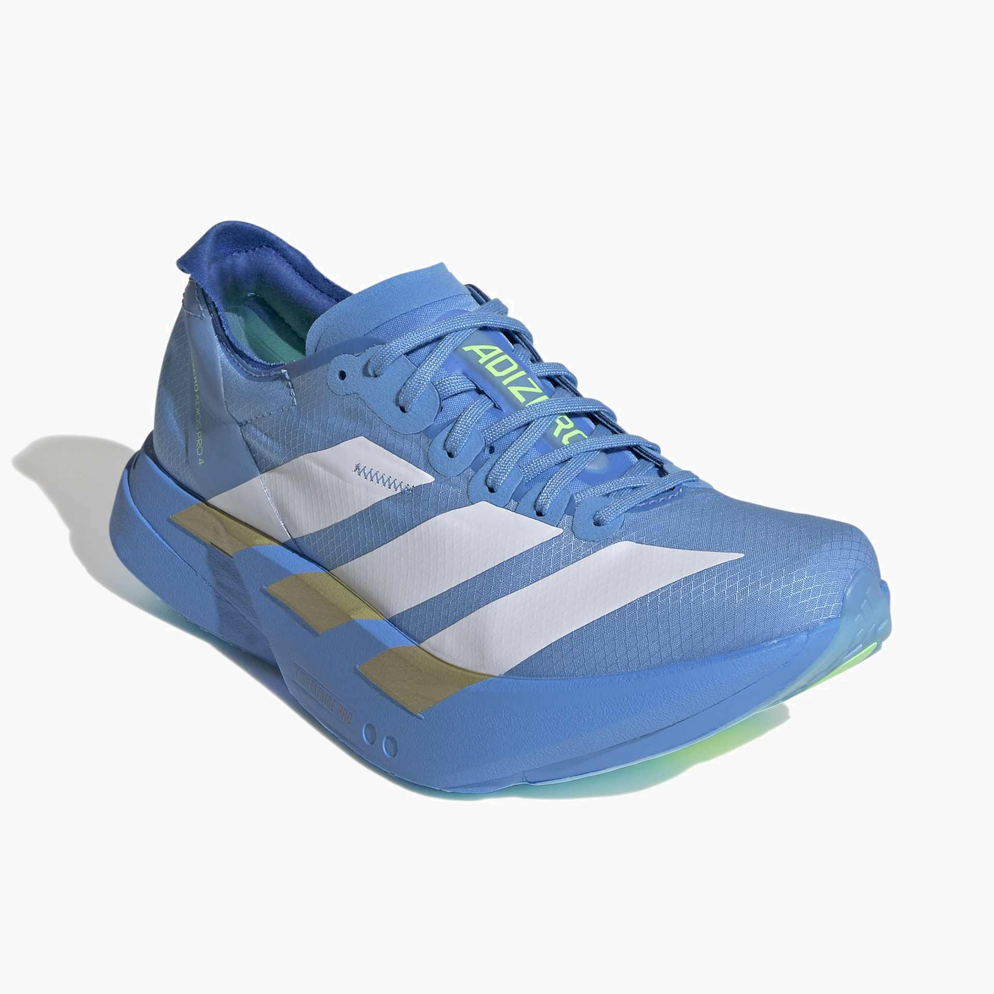 Top front angle shot of Women's Adios Pro 4 in Ftwwht / Ftwwht / Limbur