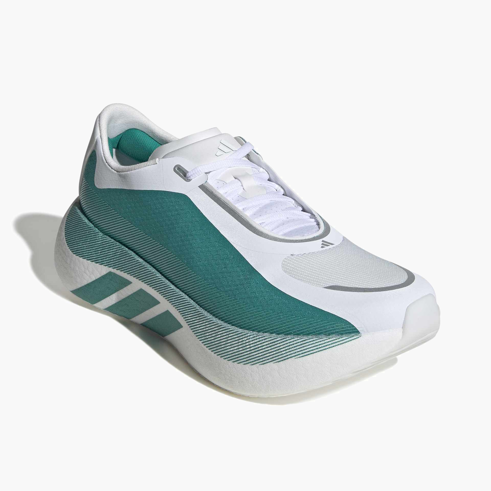 Top front angle shot of Men's Hyperboost Edge in Ftwr White / Equipment Green / Zero Met.