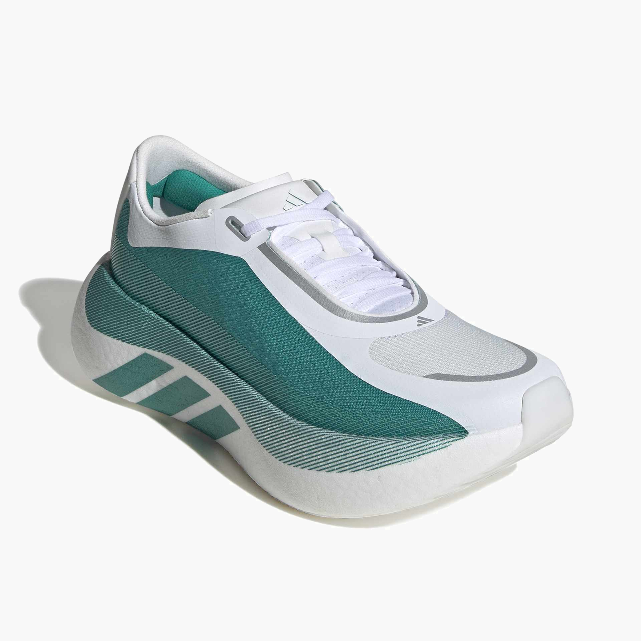 Top front angle shot of Women's Hyperboost Edge in Ftwr White / Equipment Green / Zero Met.