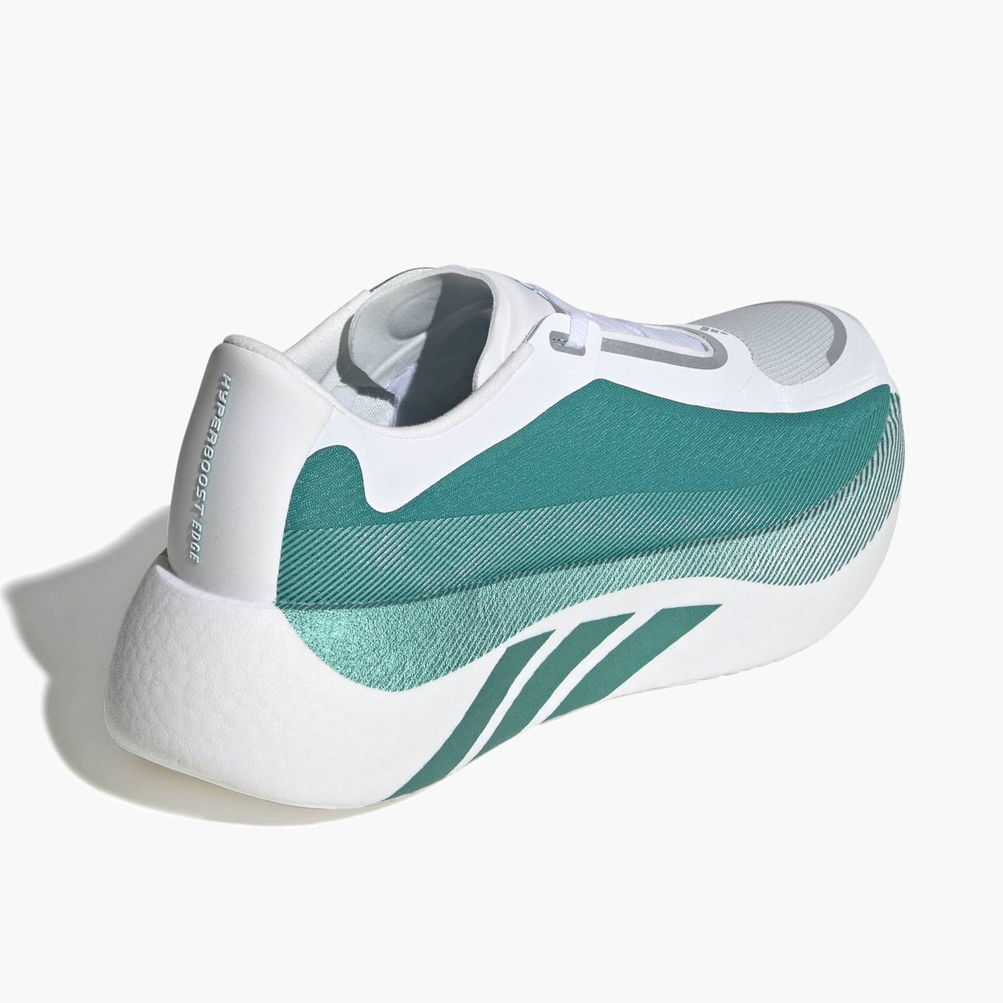 Top back angle shot of Women's Hyperboost Edge in Ftwr White / Equipment Green / Zero Met.