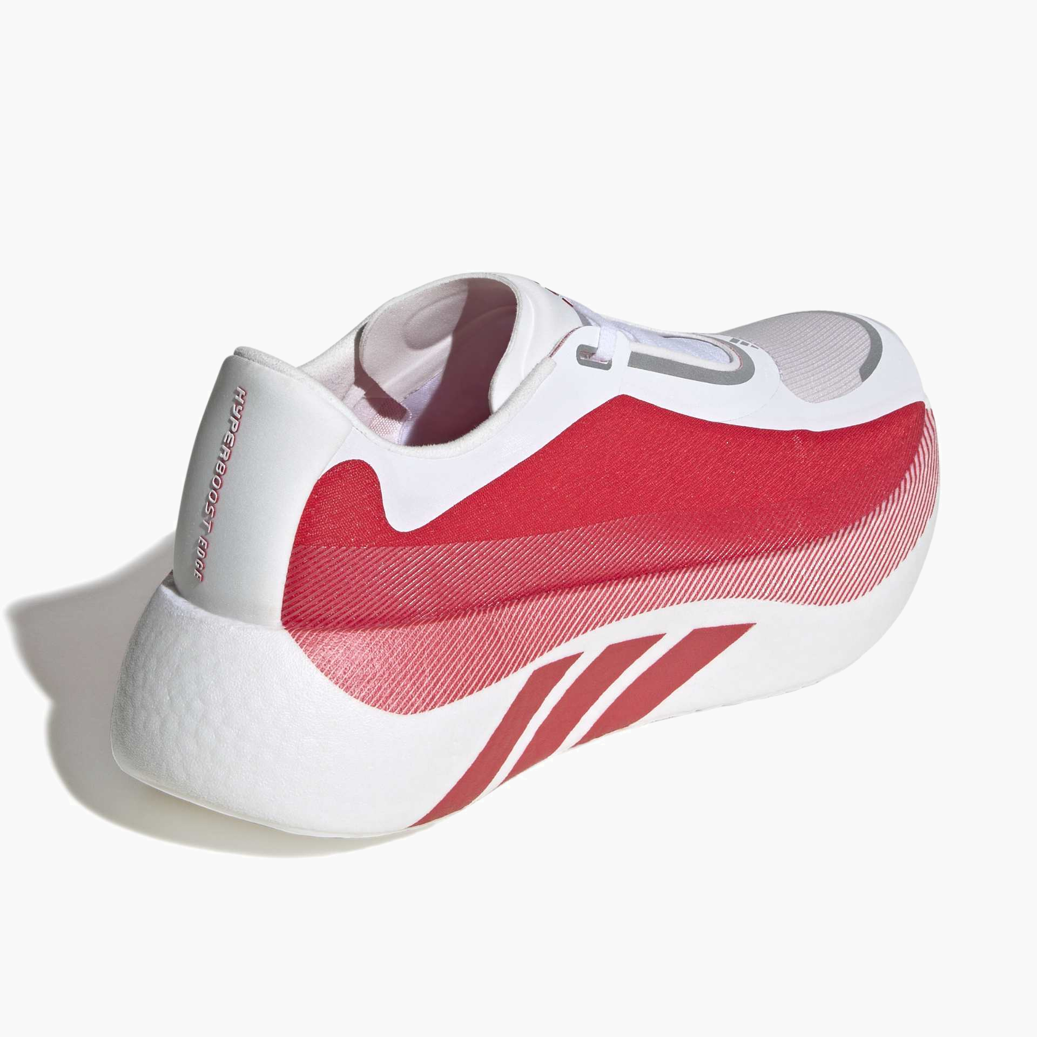 Top back angle shot of Women's Hyperboost Edge in Ftwr White / Pure Ruby / Zero Met.