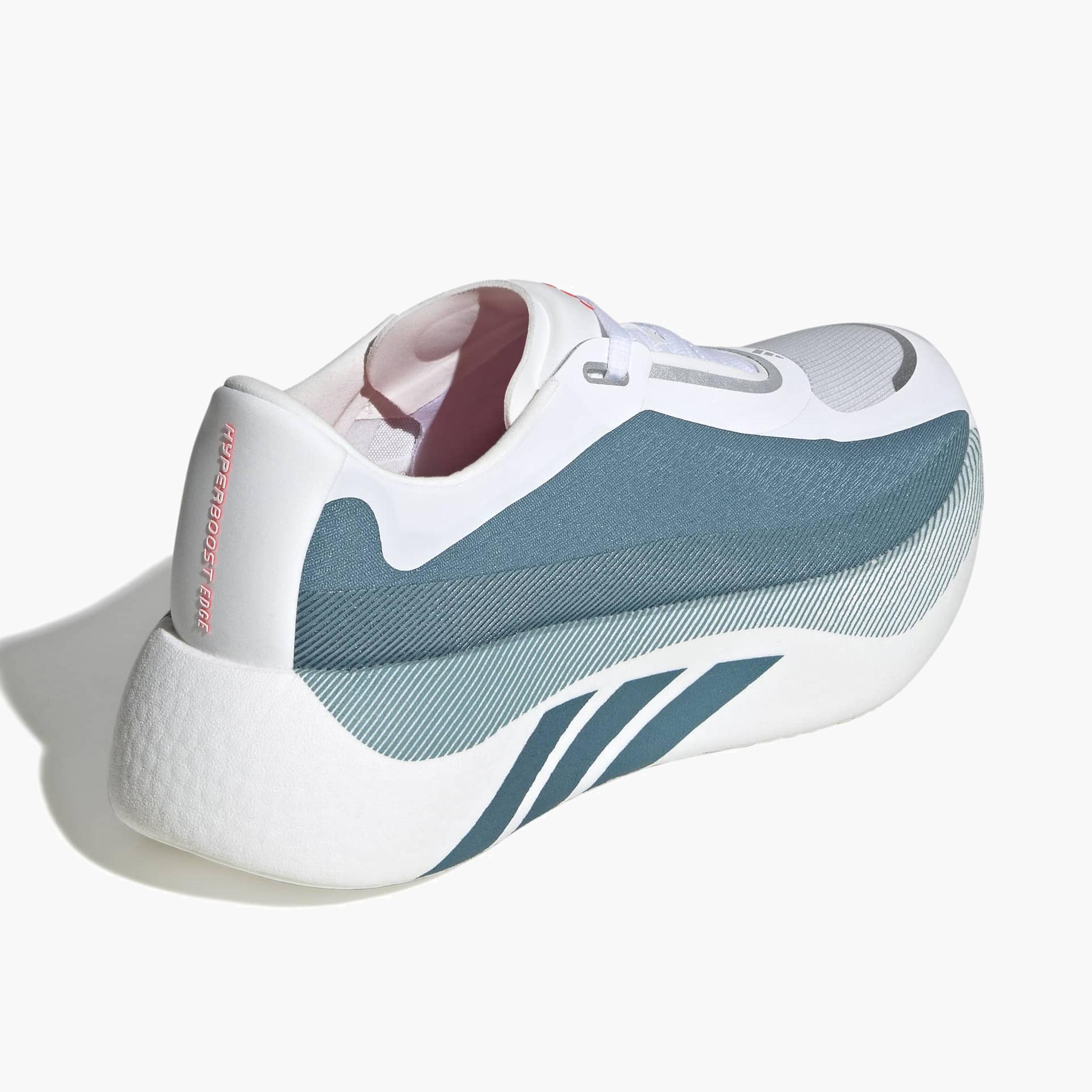 Top back angle shot of Women's Hyperboost Edge in Ftwr White / Petrol Met. / Lucid Red