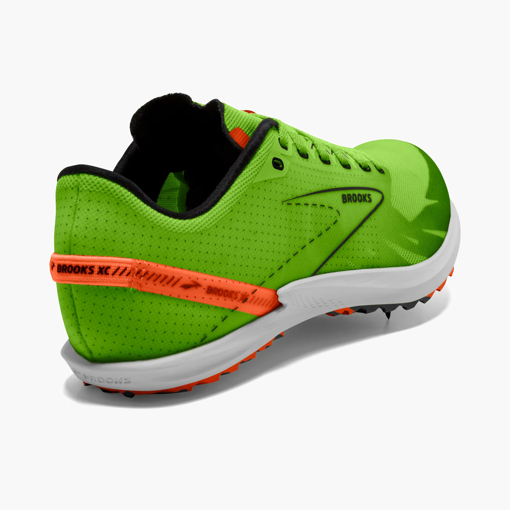 Heel angle shot of All Gender Draft XC in Green Gecko / Red Orange / White