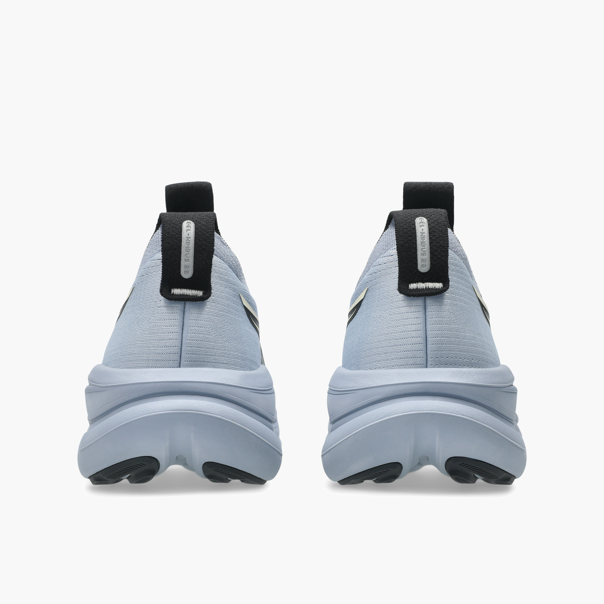 Heel angle shot of Men's Gel-Nimbus 28 in Grey Blue / Black