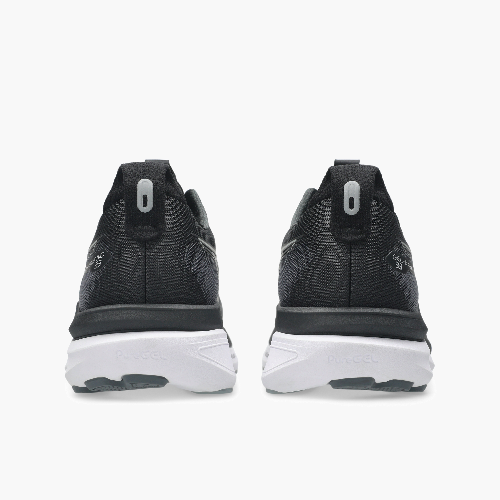 Heel angle shot of Men's Gel-Kayano 33 in Black / White