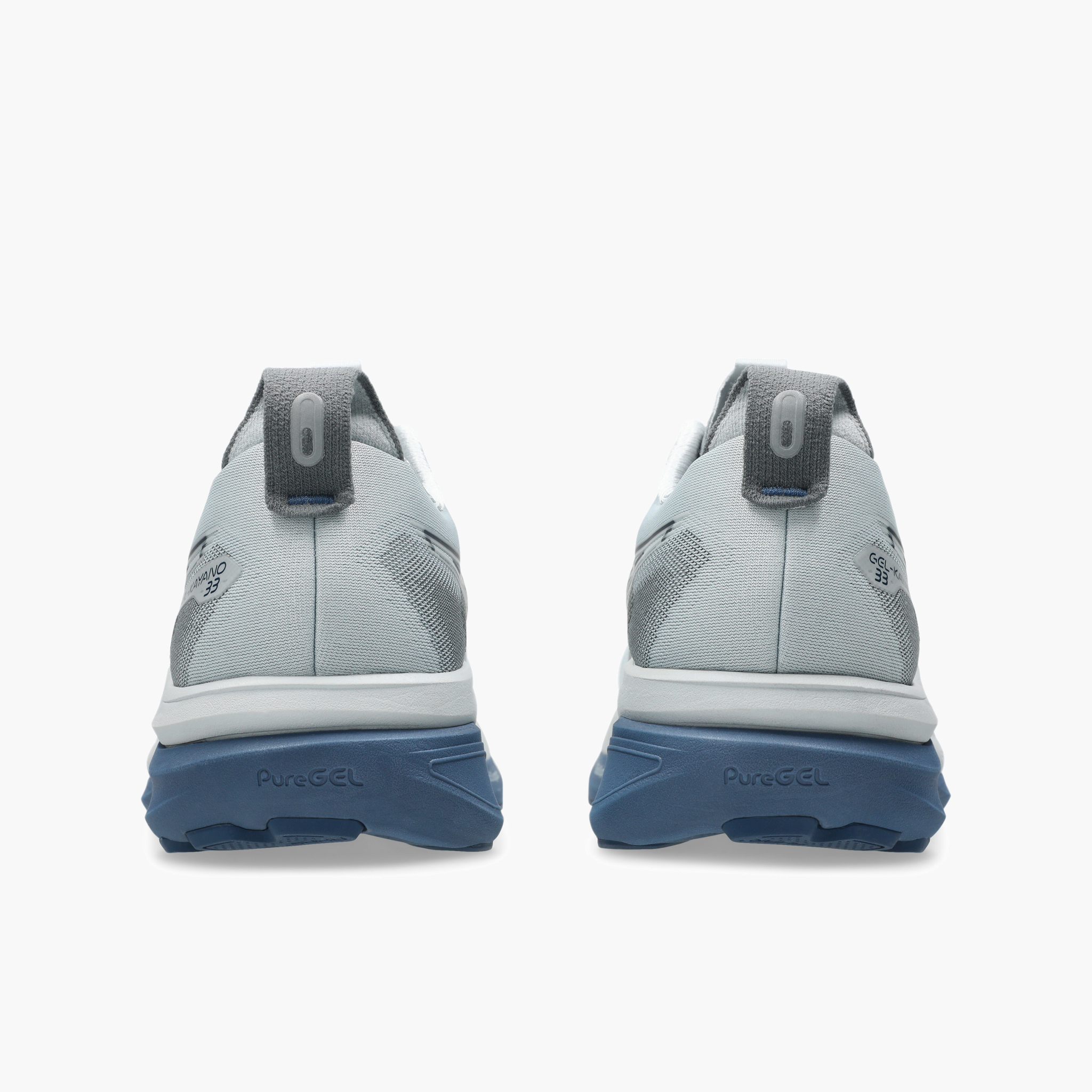 Heel angle shot of Men's Gel-Kayano 33 in Piedmont Grey / Midnight