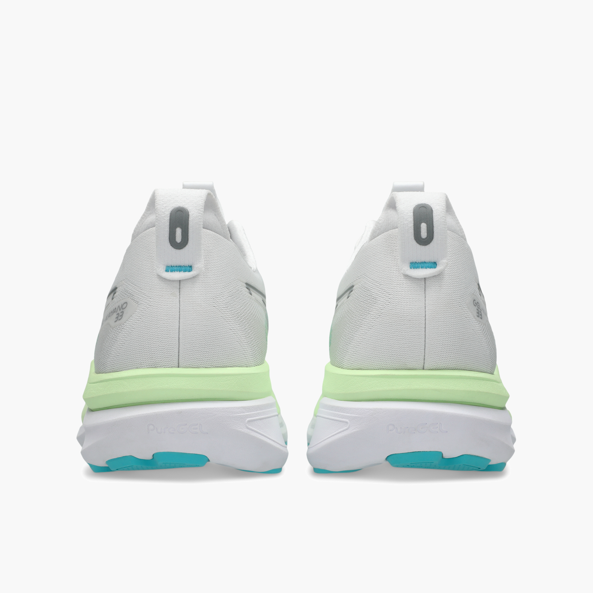 Heel angle shot of Men's Gel-Kayano 33 in White / Energy Aqua
