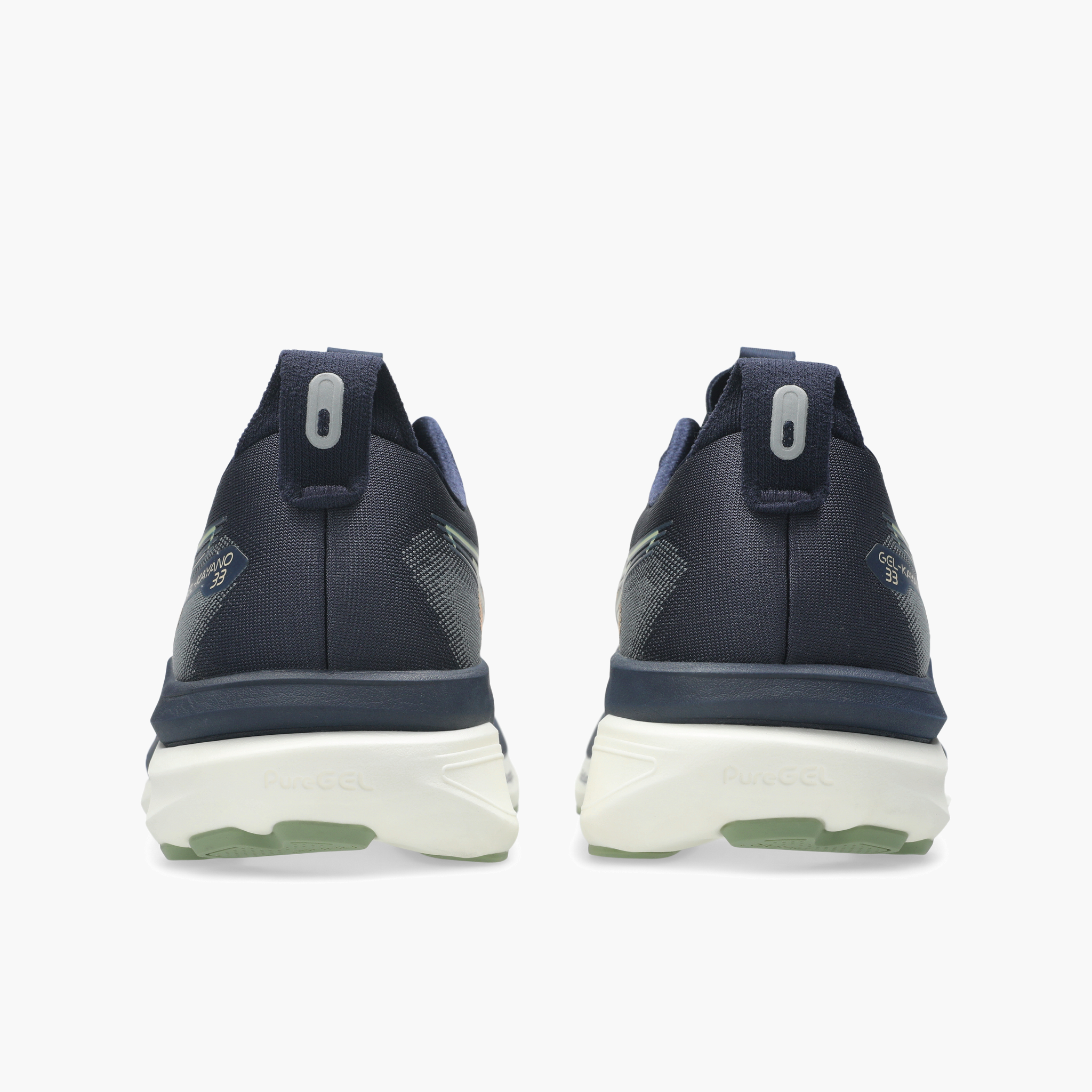 Heel angle shot of Men's Gel-Kayano 33 in Midnight / Khaki Green