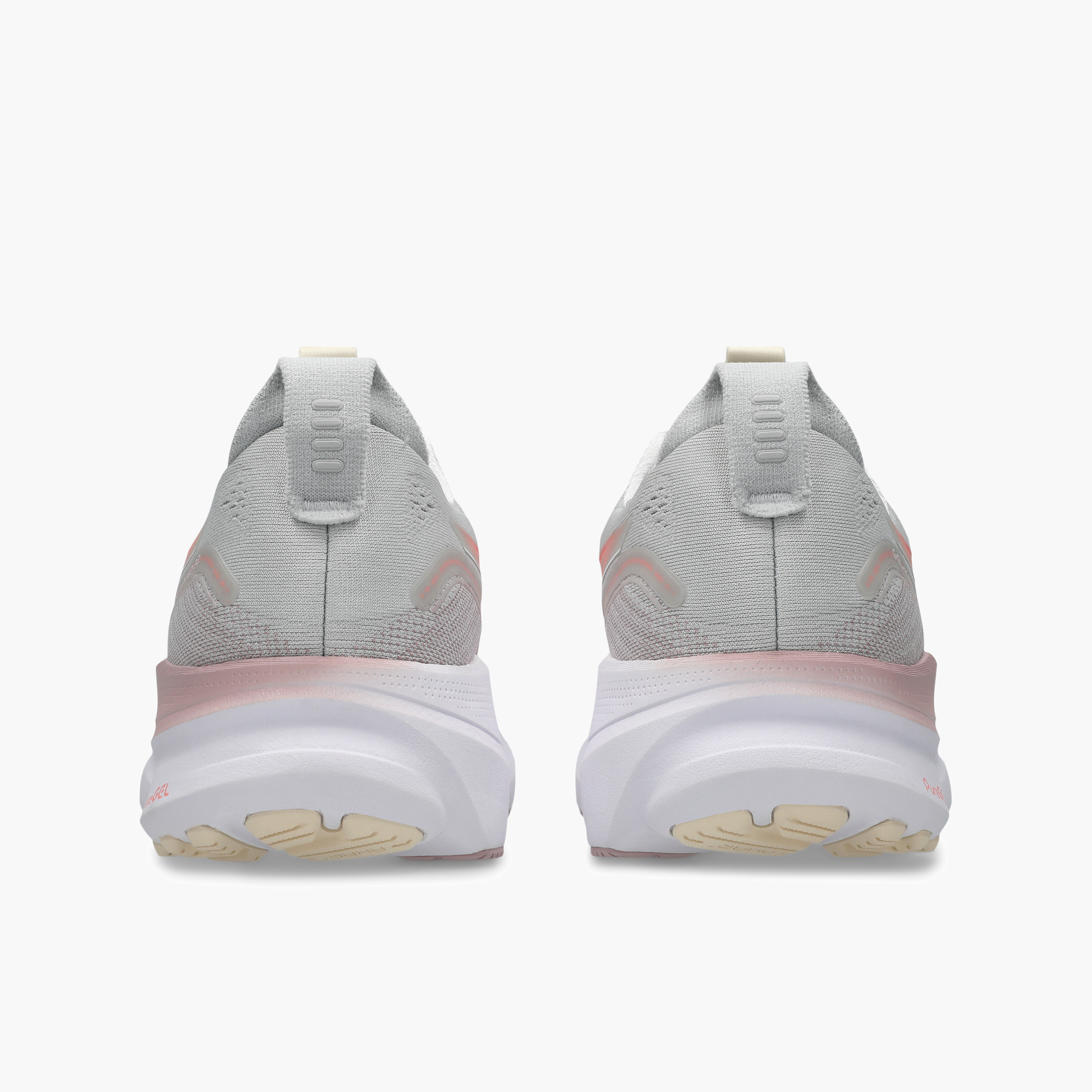 Heel angle shot of Women's Gel-Kayano 32 in Cloud Grey / Seashell
