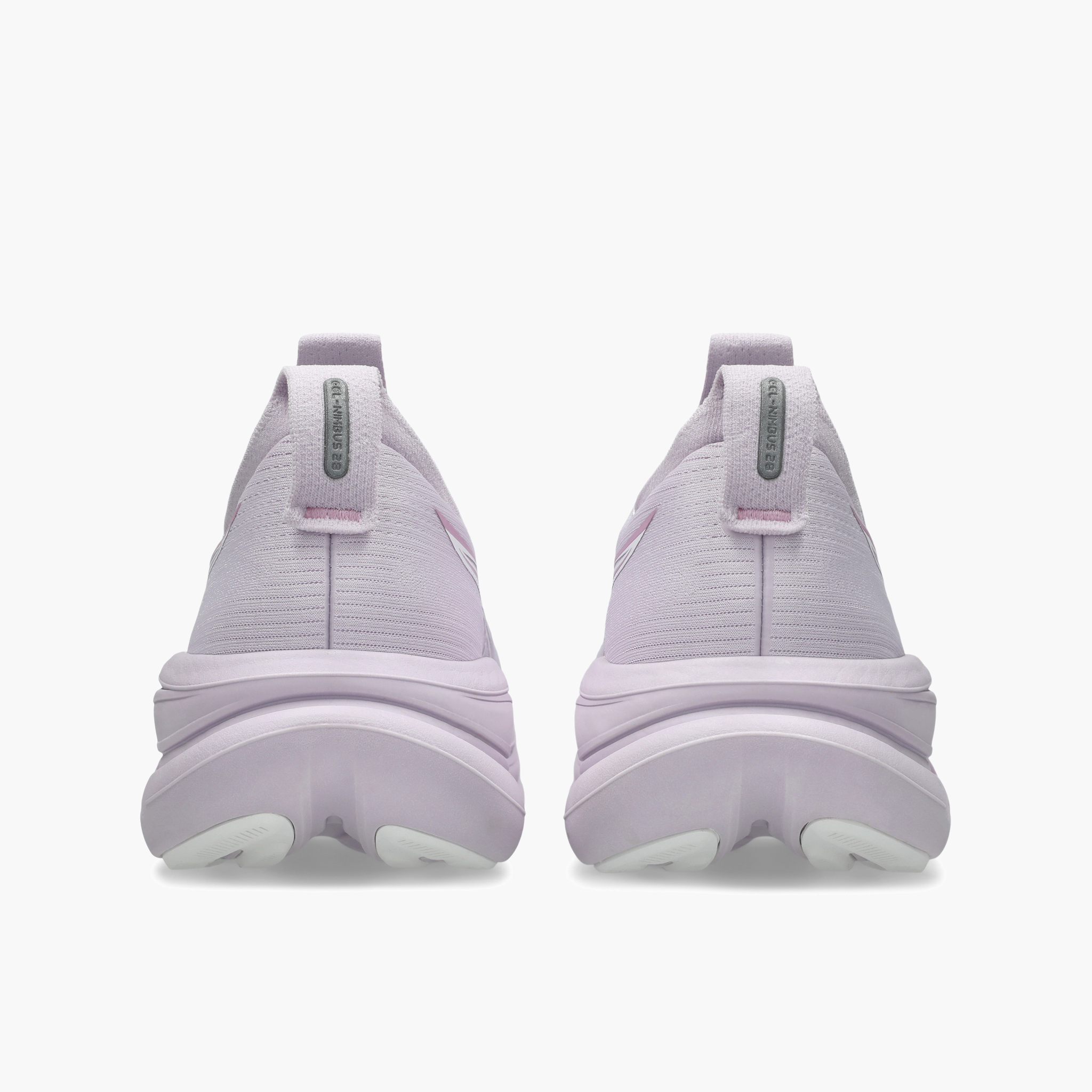 Heel angle shot of Women's Gel-Nimbus 28 in Dahlia / White