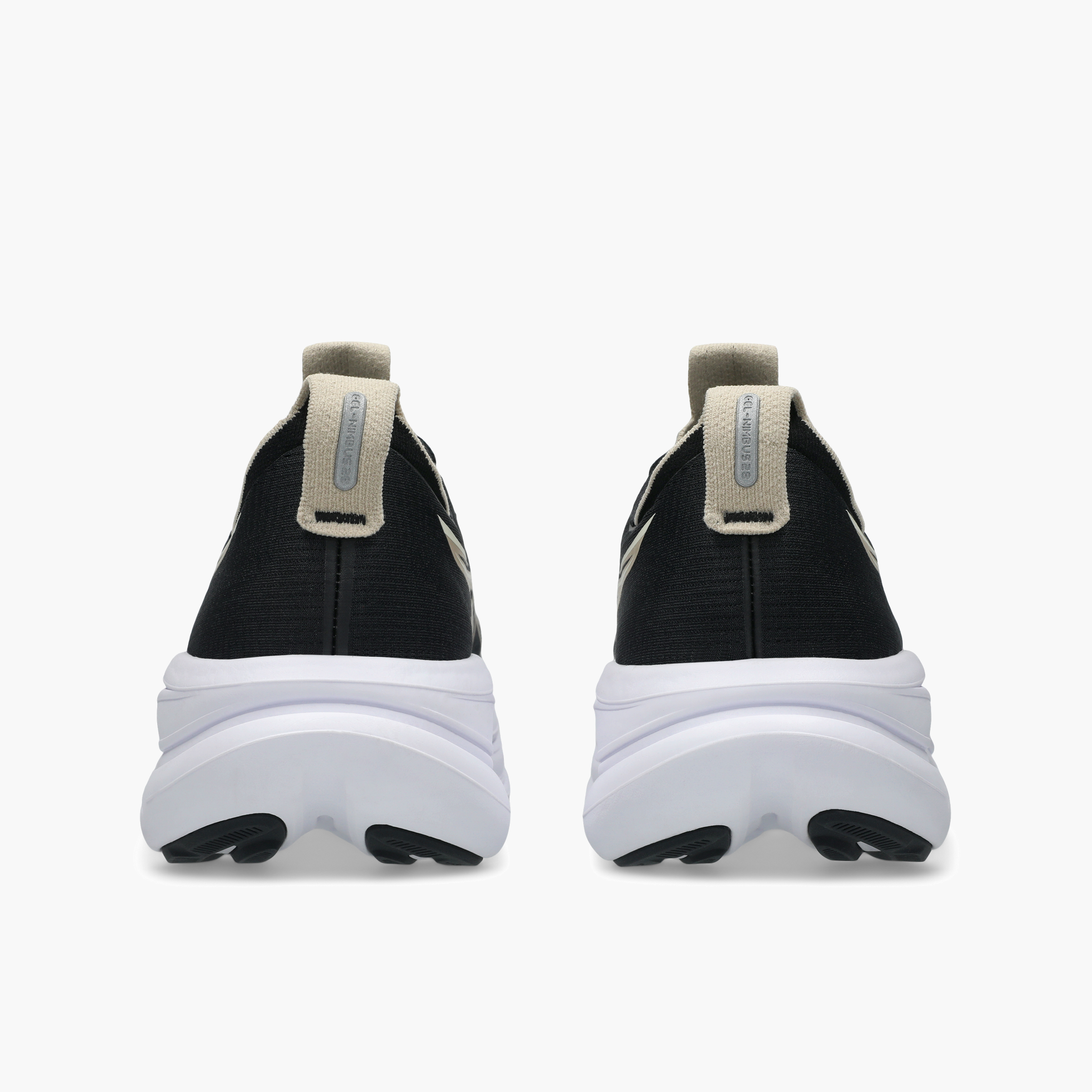 Heel angle shot of Women's Gel-Nimbus 28 in Black / Feather Grey