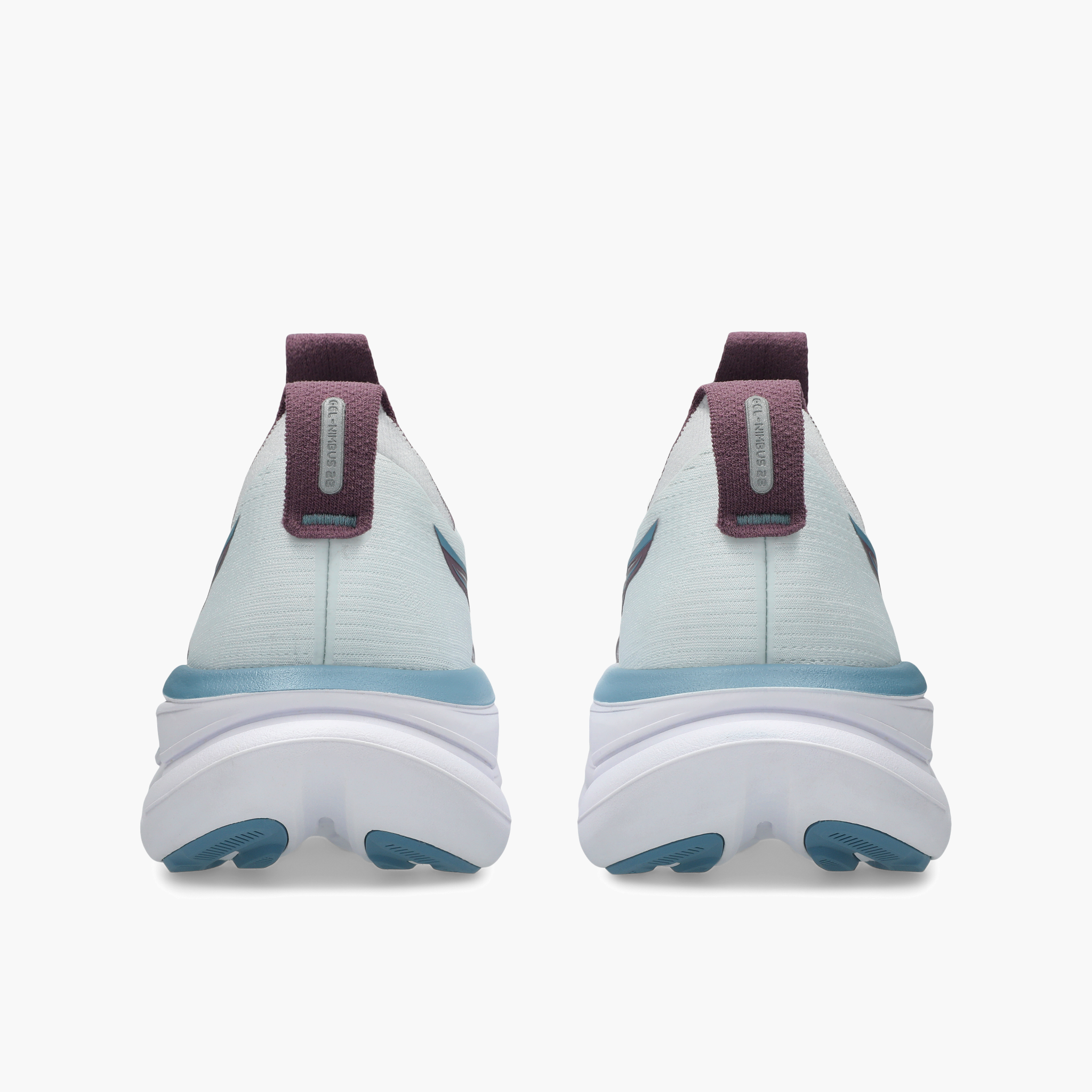 Heel angle shot of Women's Gel-Nimbus 28 in Arctic Blue / Velvet Purple