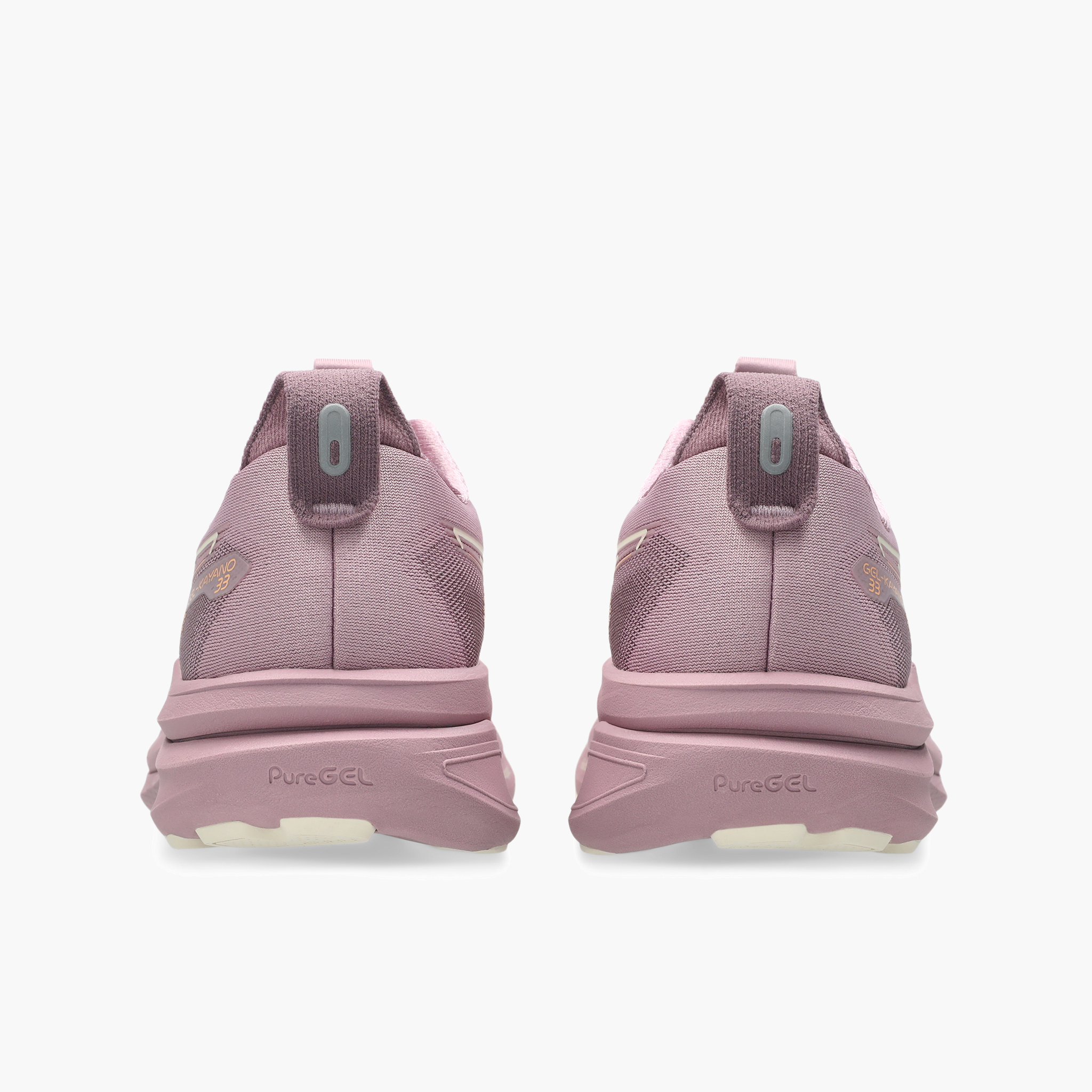 Heel angle shot of Women's Gel-Kayano 33 in Taro Purple / Dusty Mauve