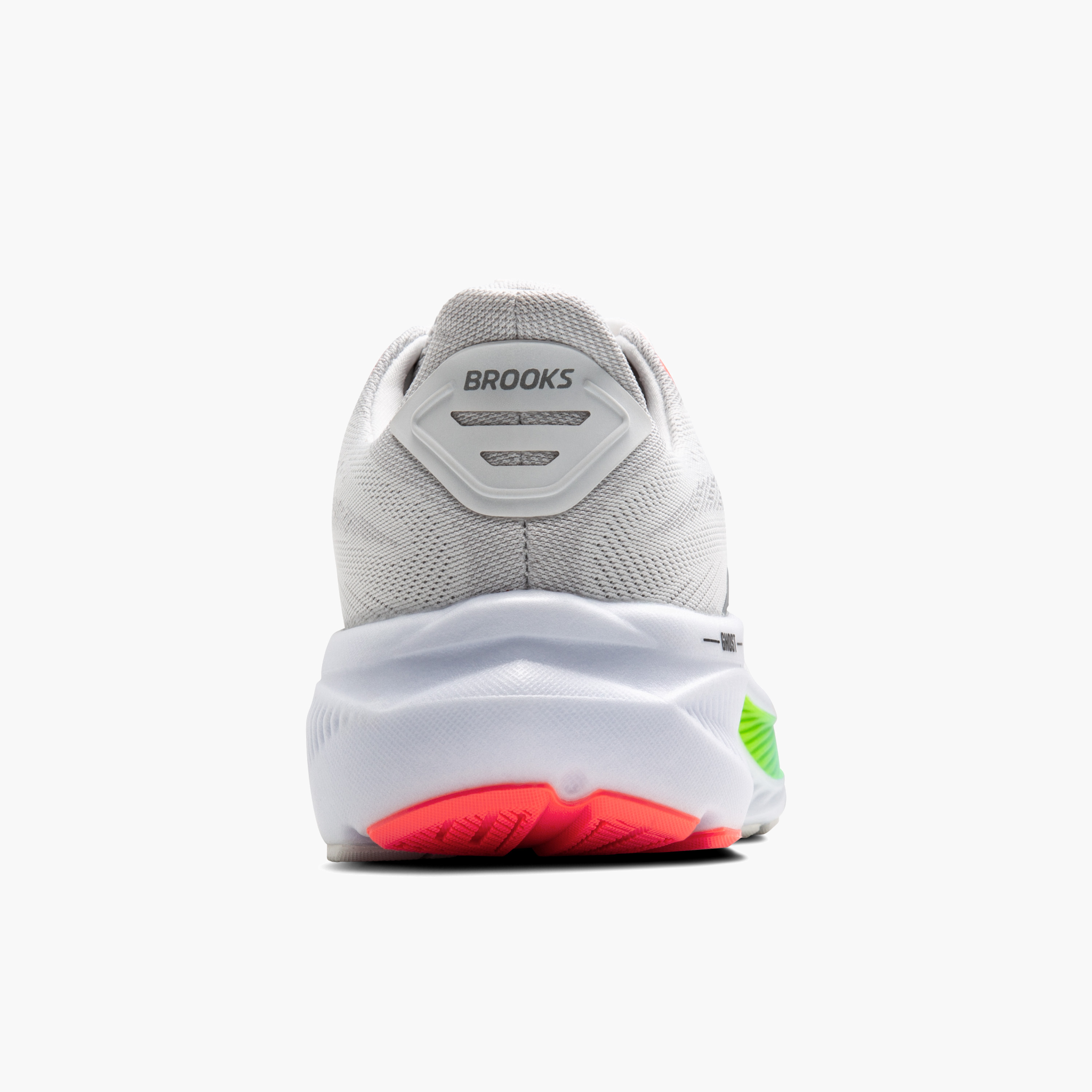 Heel angle shot of Men's Ghost 17 in White / Pink Clay / Gecko