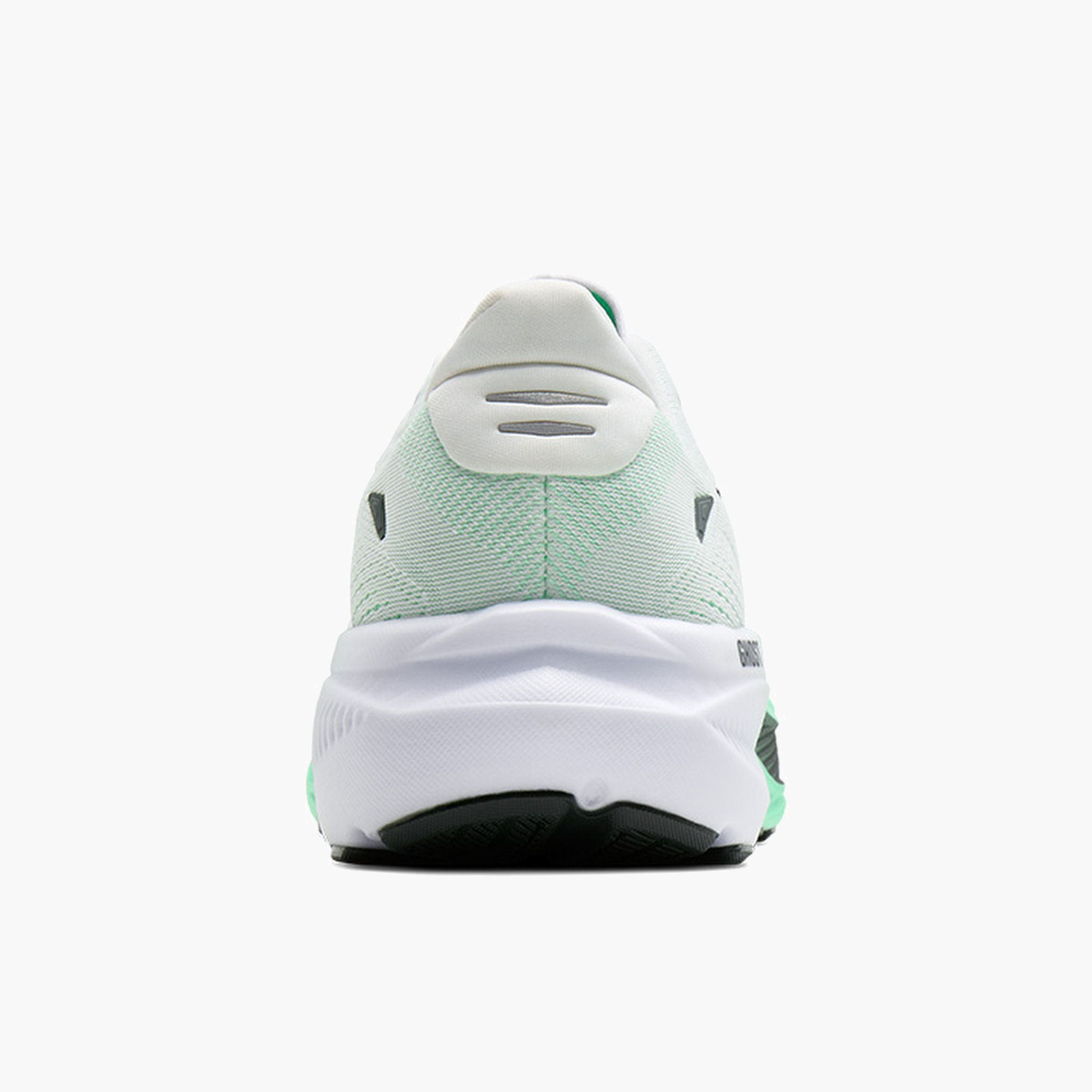 Heel angle shot of Men's Ghost 18 in White / Spring Bud / Spruce