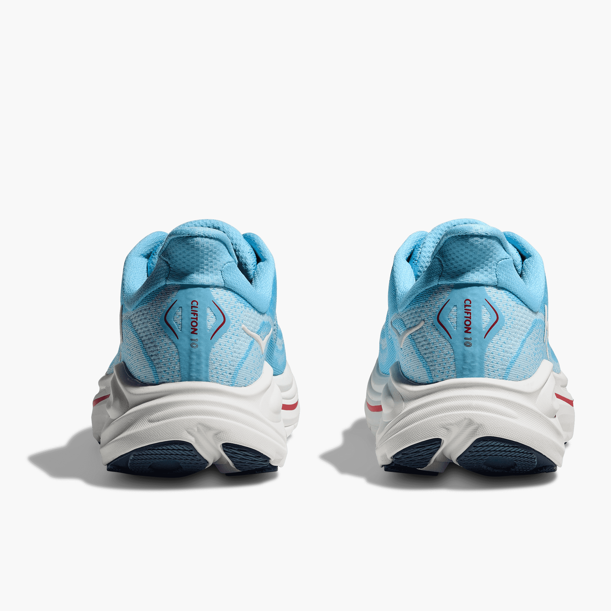 Heel angle shot of Women's Clifton 10 in Soaring Blue / Frost