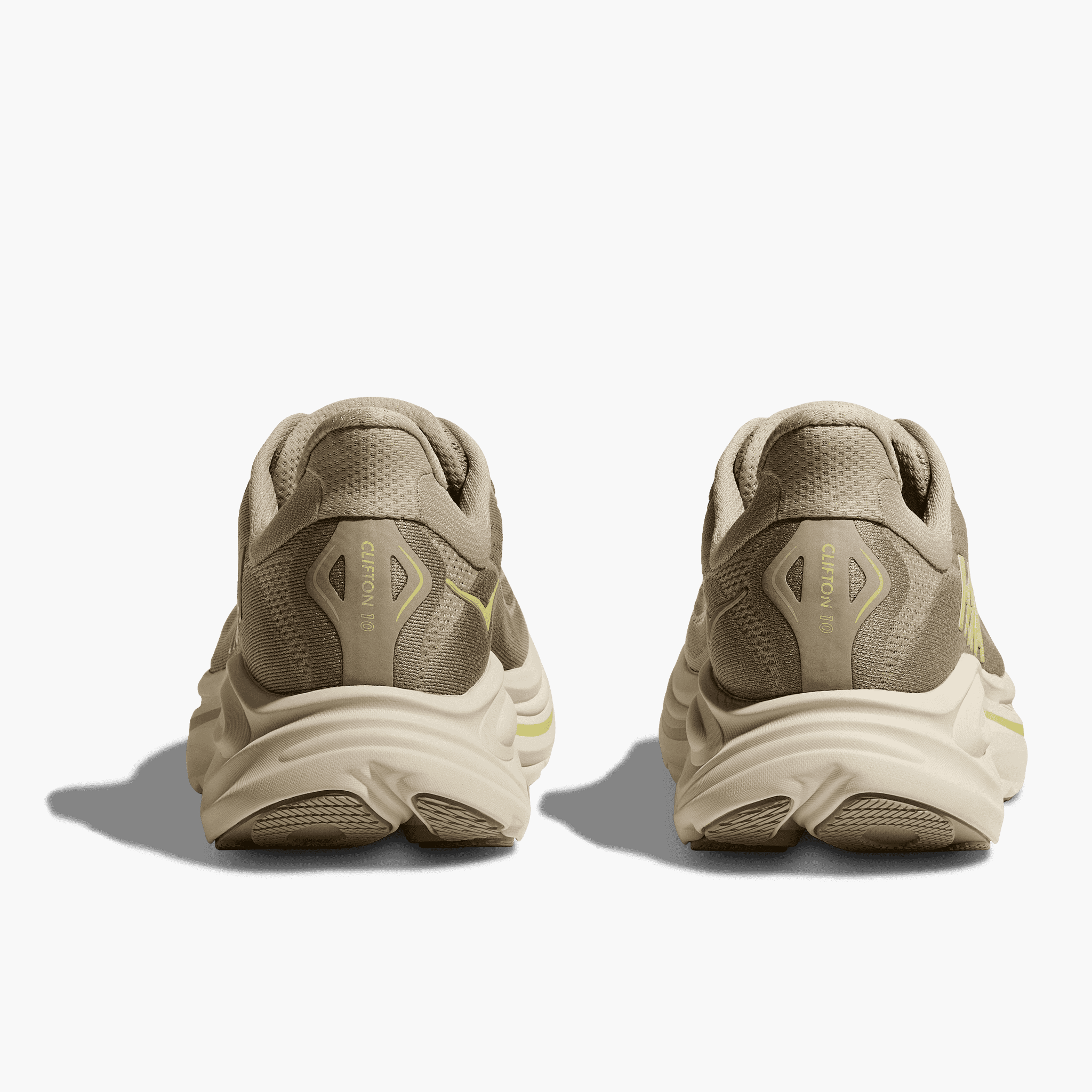 Heel angle shot of Men's Clifton 10 in Raw Linen / Stone
