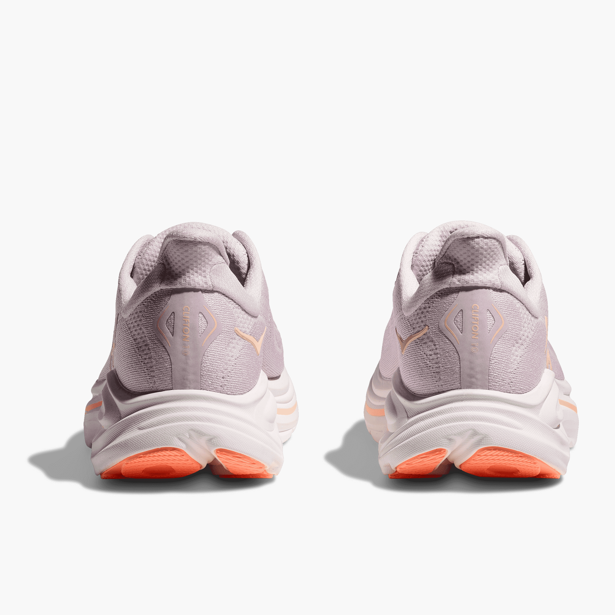 Heel angle shot of Women's Clifton 10 in Lilac Cream / Tangerine Glow