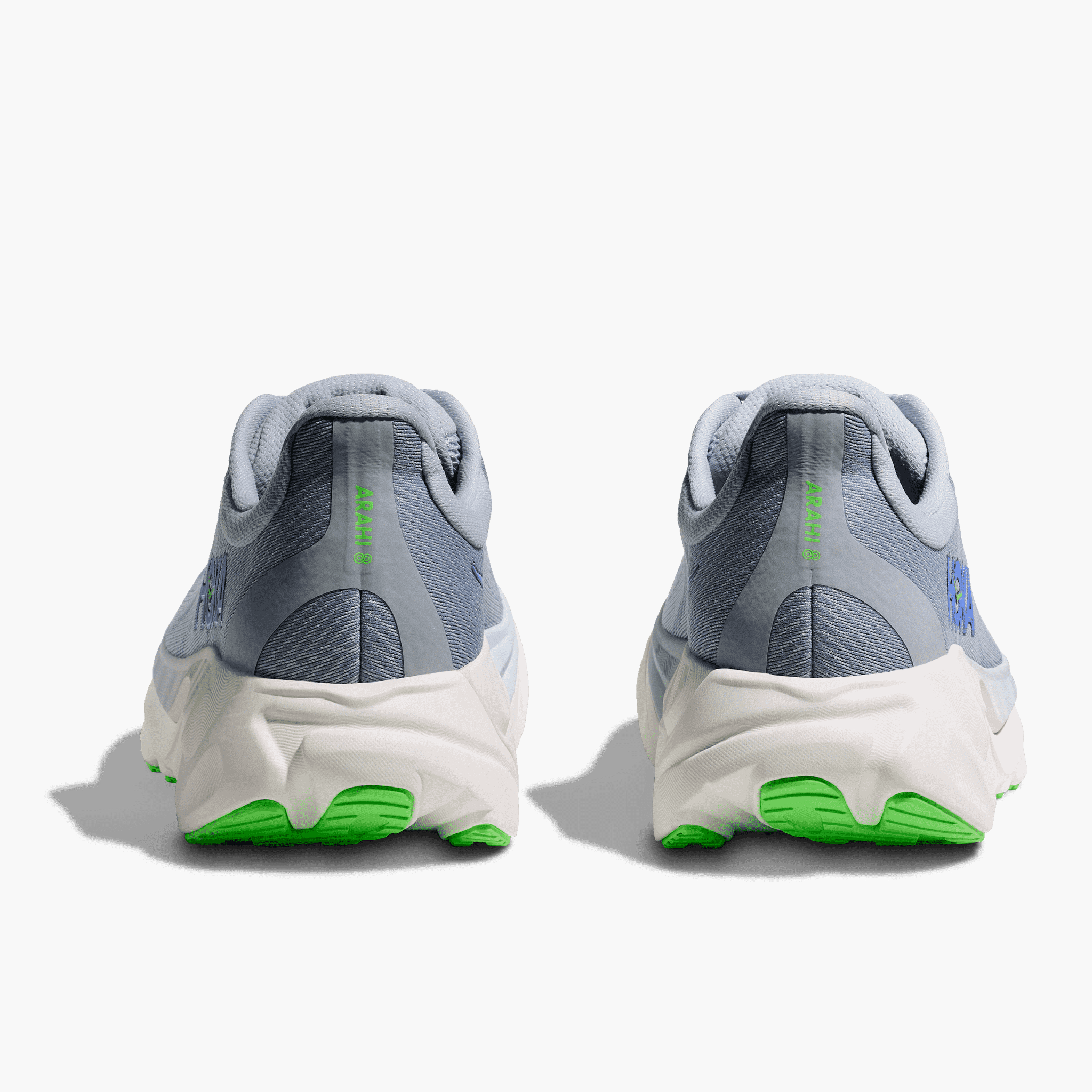 Heel angle shot of Men's Arahi 8 in Mineral Blue / Washed Blue